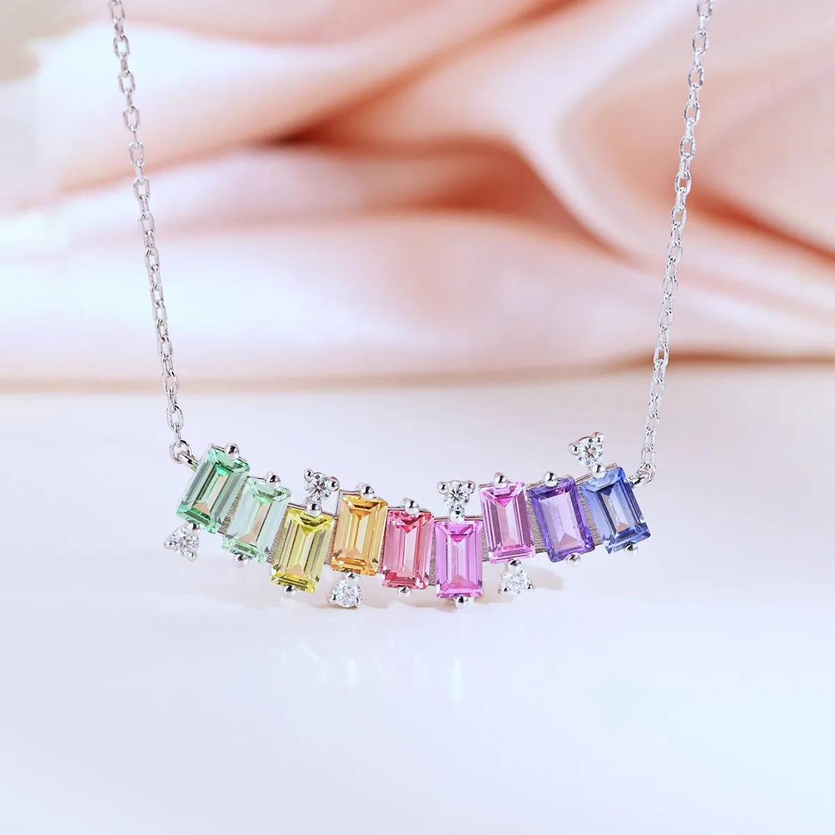 LCB0024- Rainbow Silver 18K White Gold Rectangle Lab-Grown Gemstone Moissanite Necklace 3.15CT
