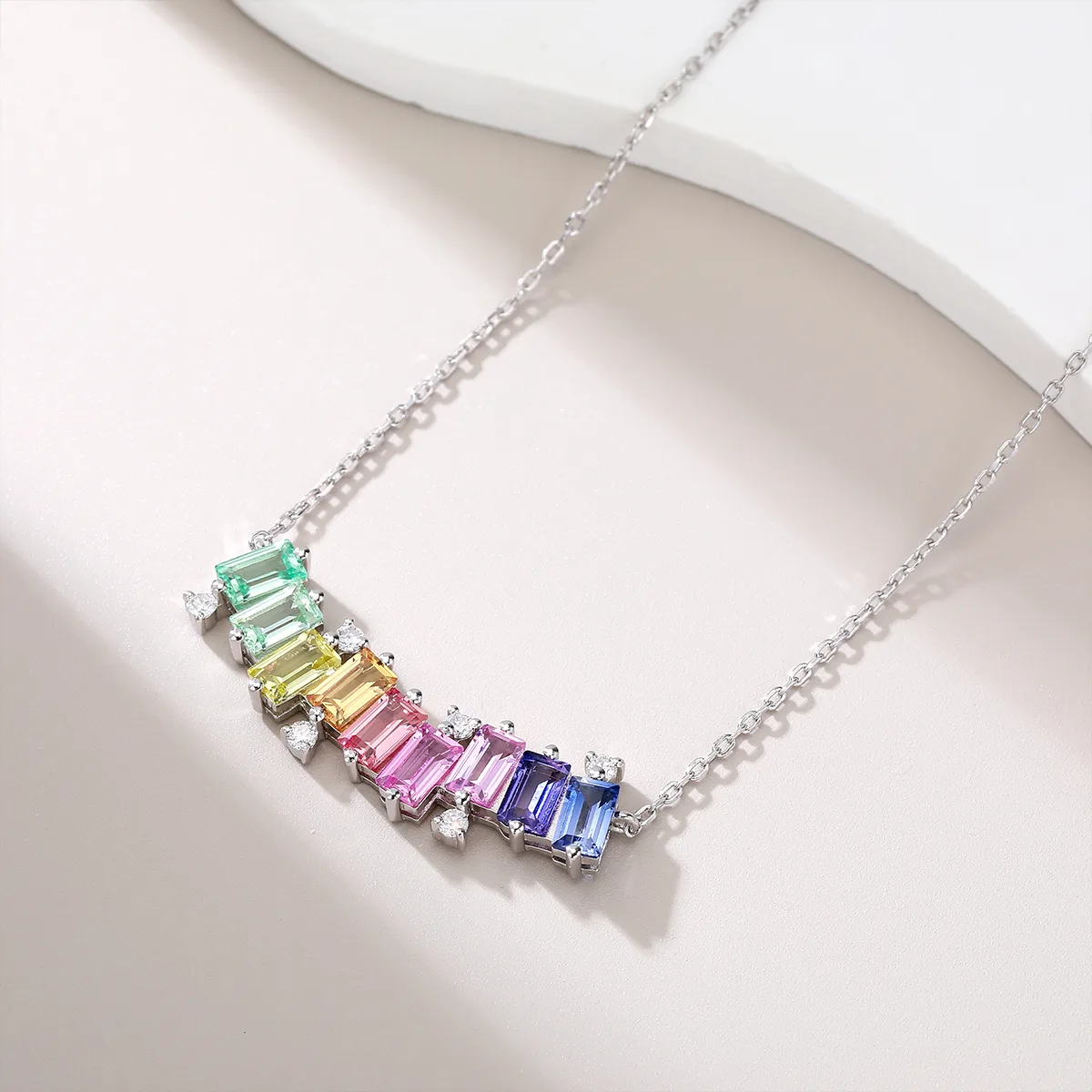 LCB0024- Rainbow Silver 18K White Gold Rectangle Lab-Grown Gemstone Moissanite Necklace 3.15CT