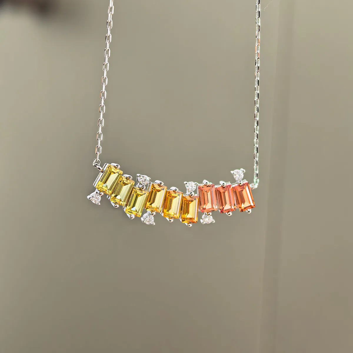 LCB0024- Rainbow Silver 18K White Gold Rectangle Lab-Grown Gemstone Moissanite Necklace 3.15CT