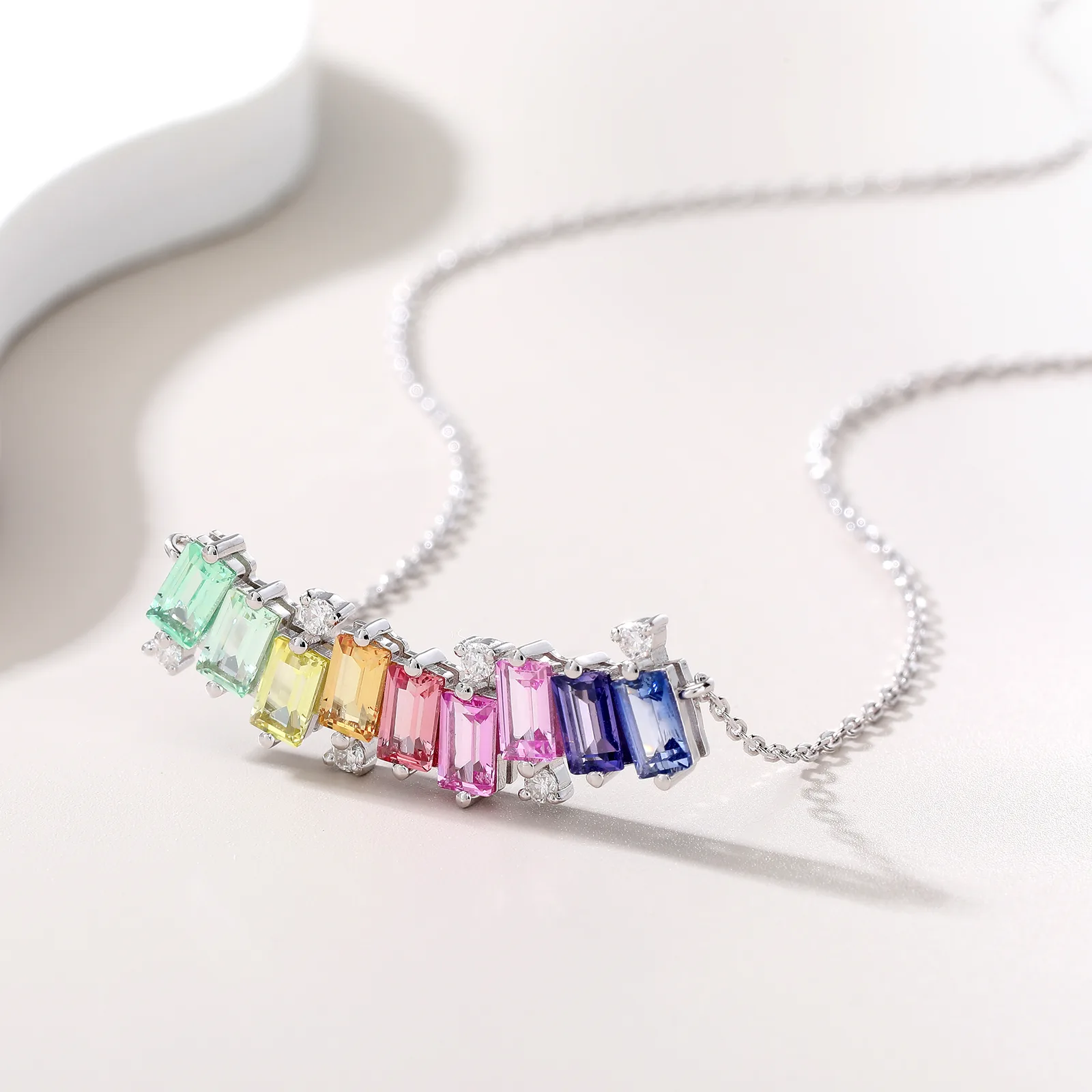 LCB0024- Rainbow Silver 18K White Gold Rectangle Lab-Grown Gemstone Moissanite Necklace 3.15CT