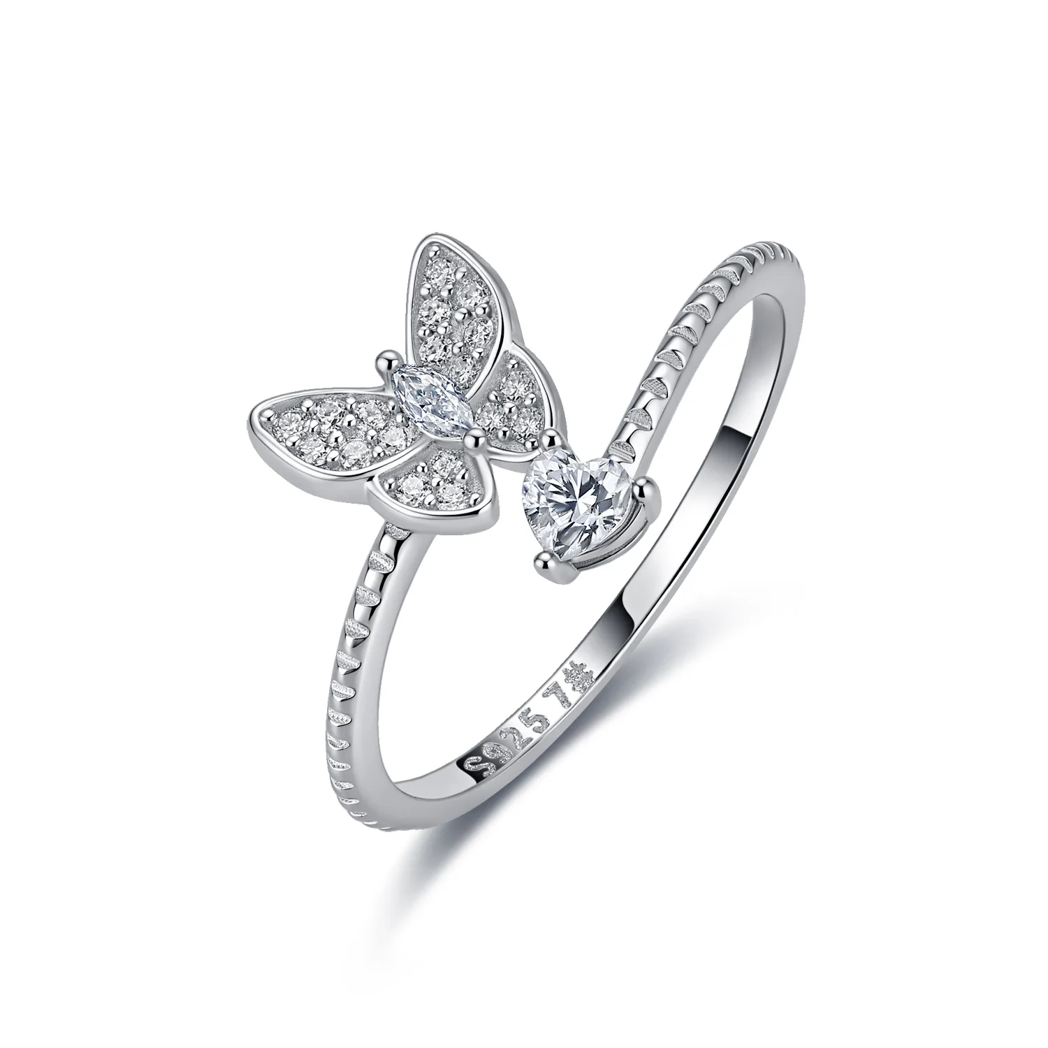 R52546 Silver 18K White Gold Heart Moissanite Butterfly Small Women's Ring Anniversary Ring 0.4ct