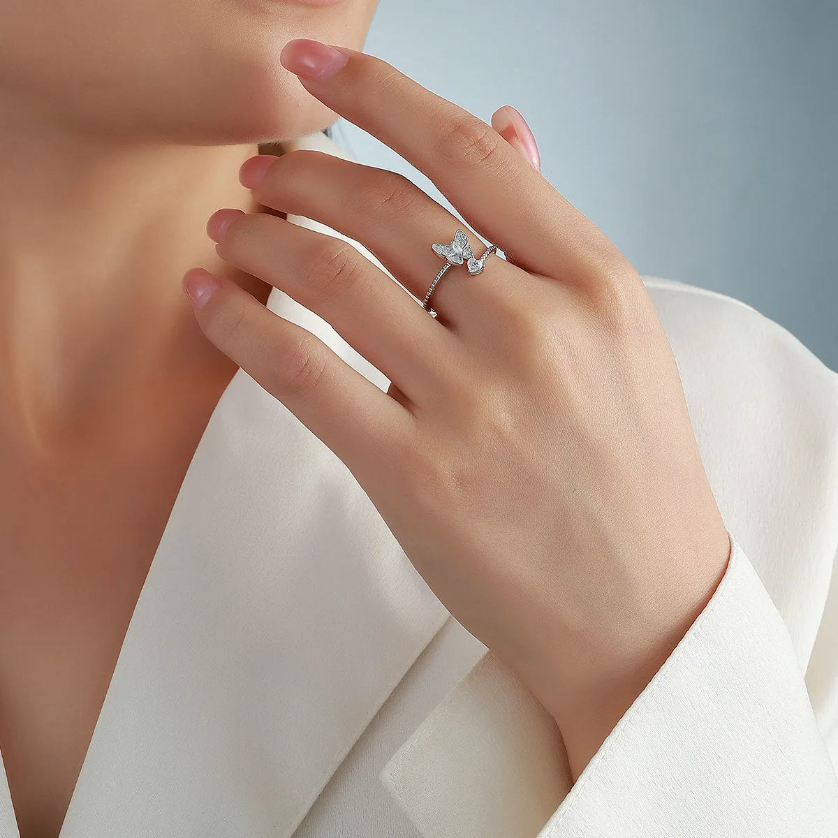 R52546 Silver 18K White Gold Heart Moissanite Butterfly Small Women's Ring Anniversary Ring 0.4ct