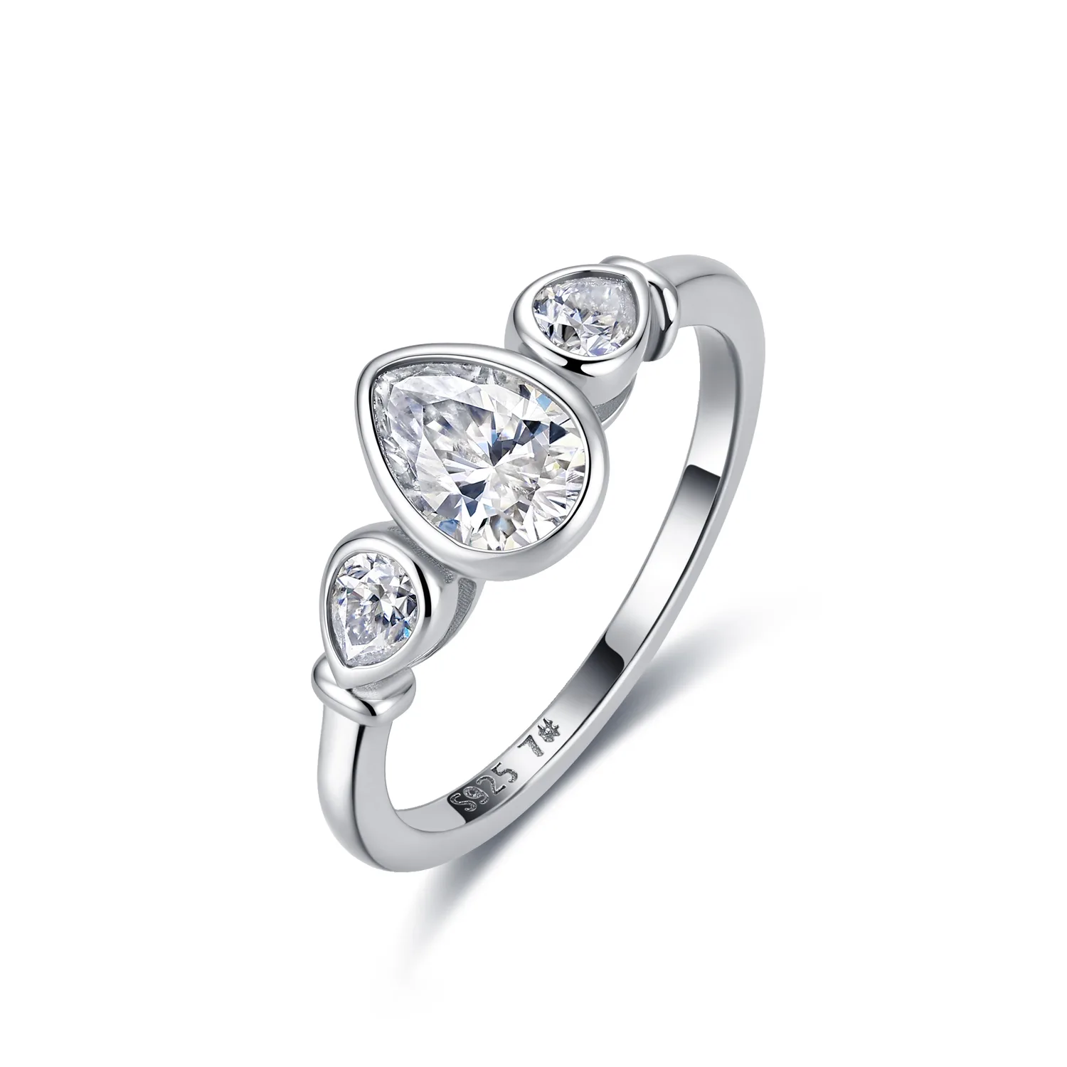 R52571-BMC Silver 18K White Gold Pear Moissanite Bezel Three-Stone Proposal Ring Women's Ring 1.4ct