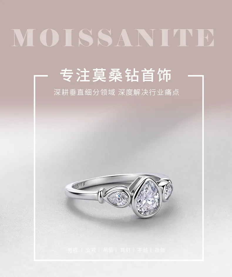 R52571-BMC Silver 18K White Gold Pear Moissanite Bezel Three-Stone Proposal Ring