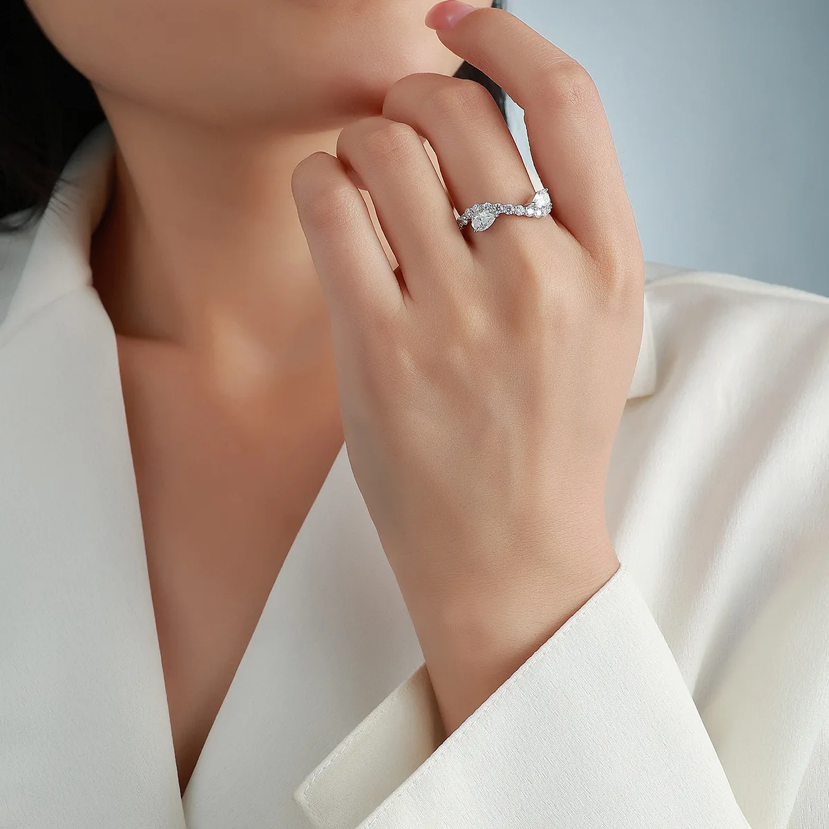 R52598-BMC Silver 18K White Gold Pear Moissanite Confession Ring Women's Ring 2.44ct