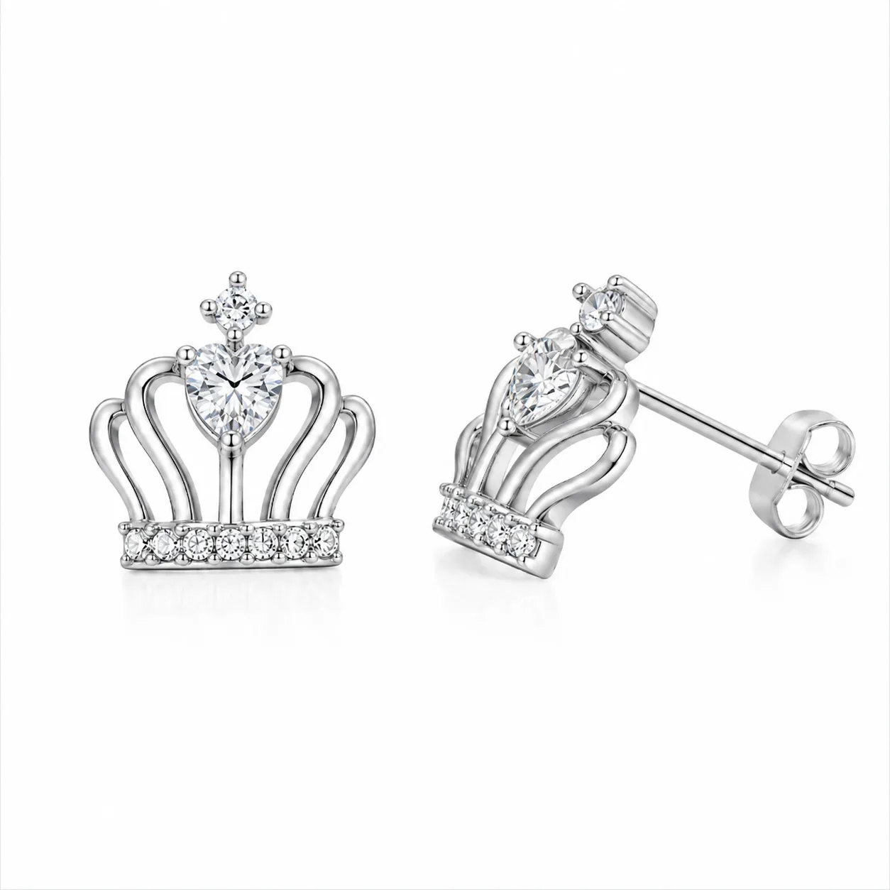 E12524-BMC Silver 18K White Gold Heart Moissanite Crown Stud Earrings 0.95ct