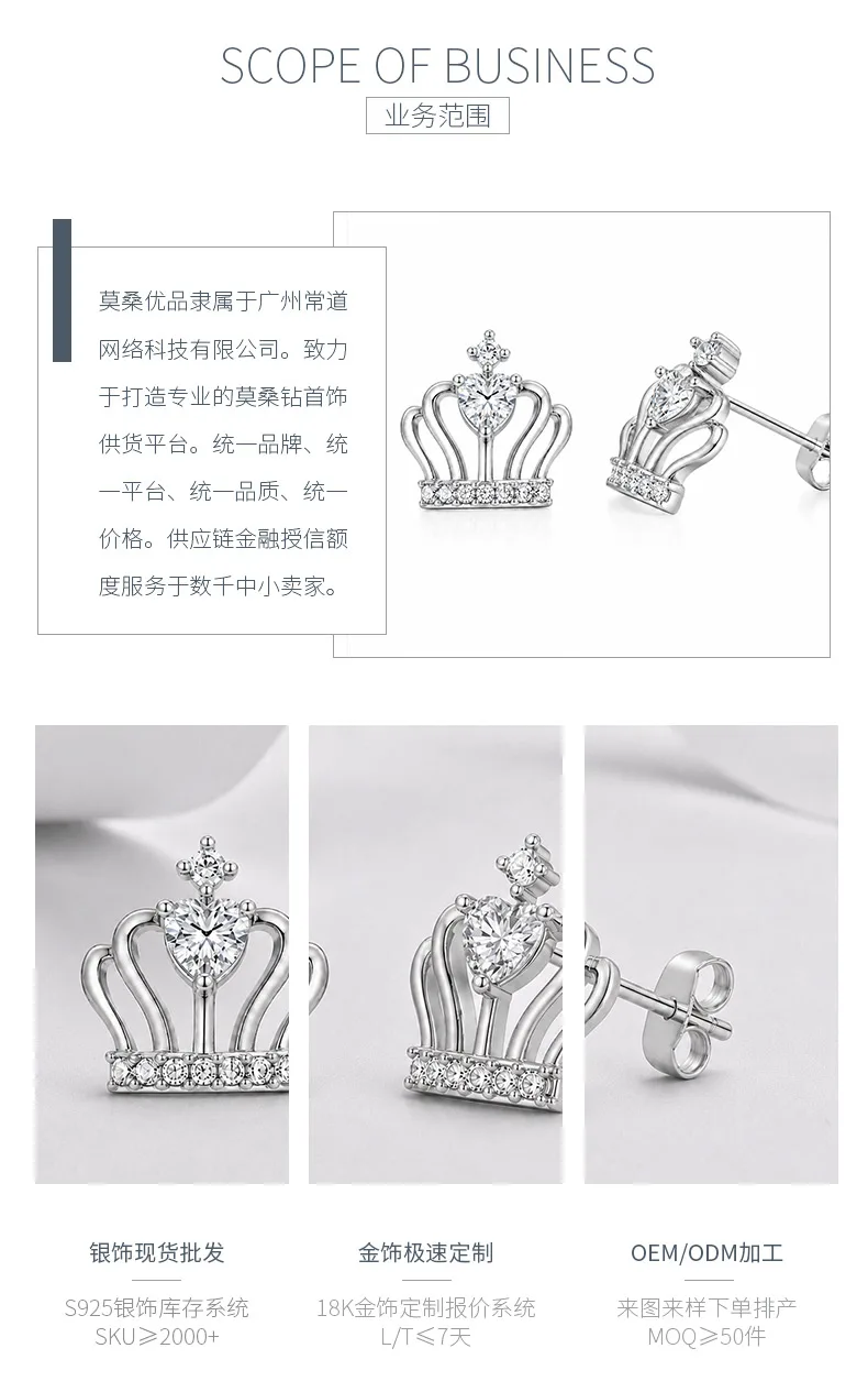 E12524-BMC Silver 18K White Gold Heart Moissanite Crown Stud Earrings 0.95ct det