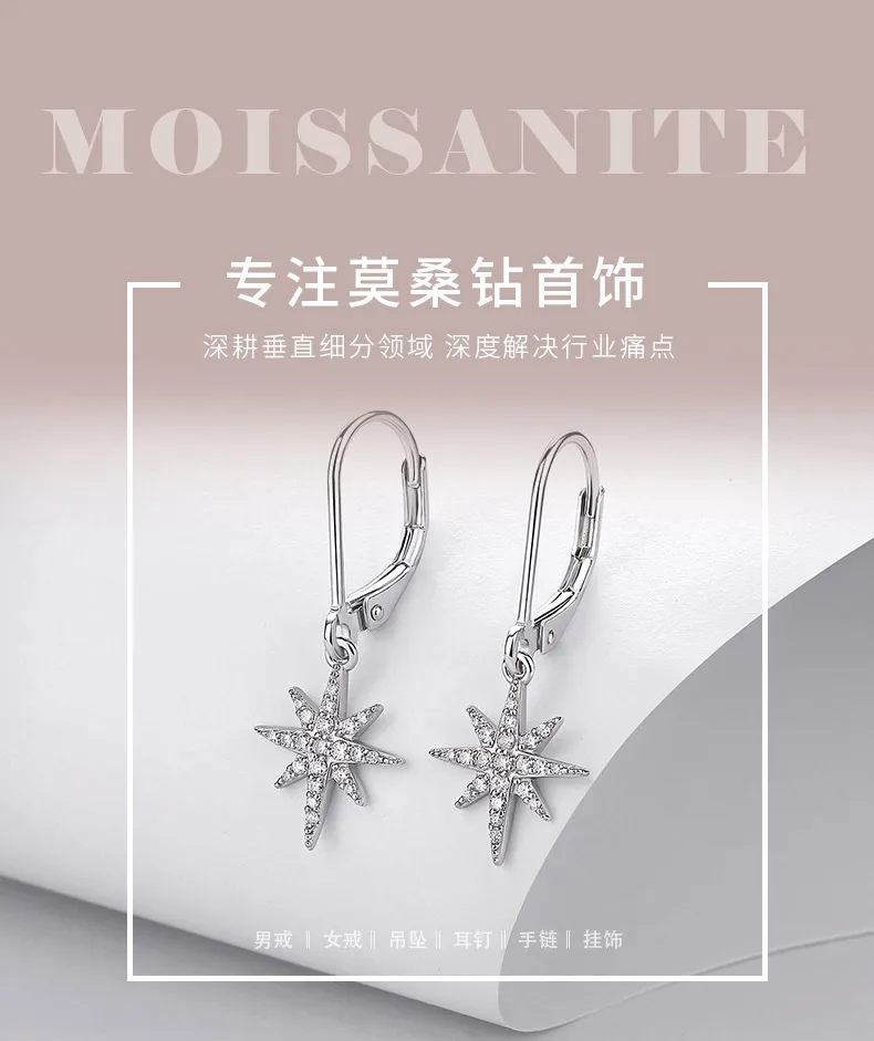 E52582-BMC Silver 18K White Gold Round Moissanite Star Earrings 0.4ct detail 1