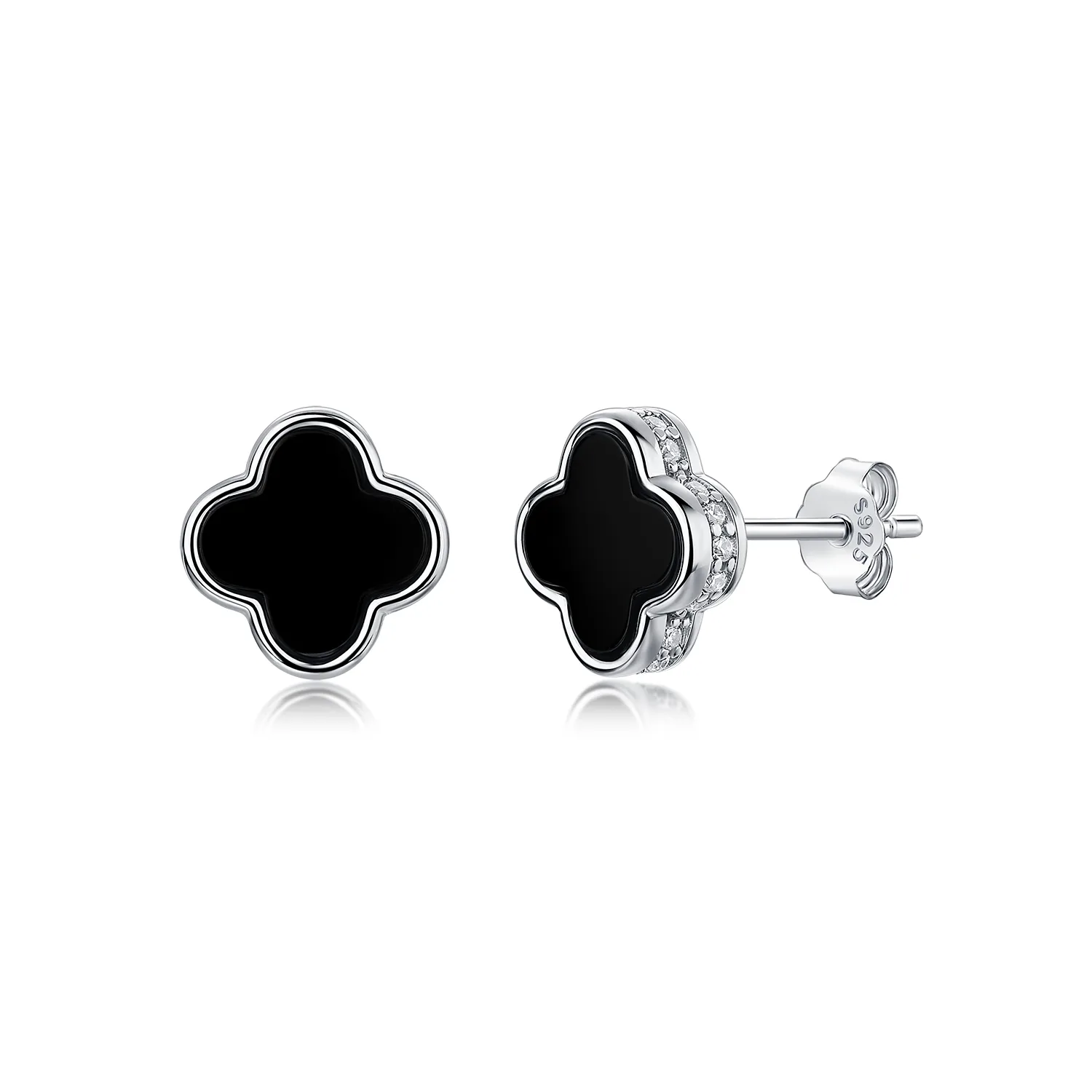 E12530-BMC Silver 18K White Gold Round Moissanite Black Agate Four-Leaf Clover Stud Earrings 0.16ct