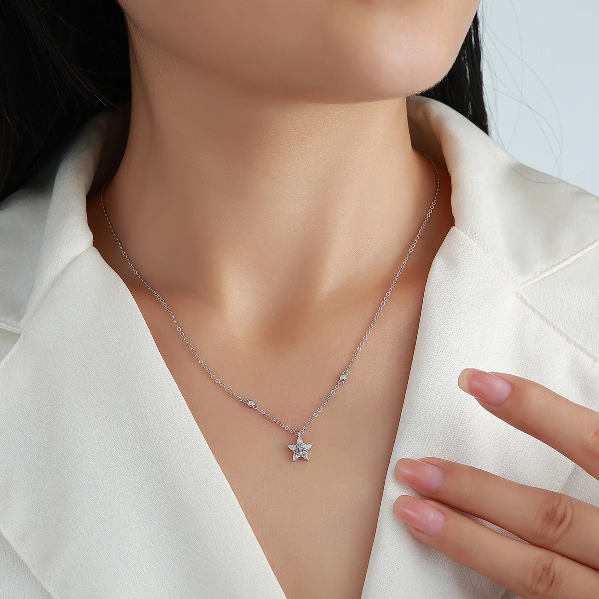 N52615-BMC Silver 18K White Gold Pear Moissanite Star Necklace 0.75ct