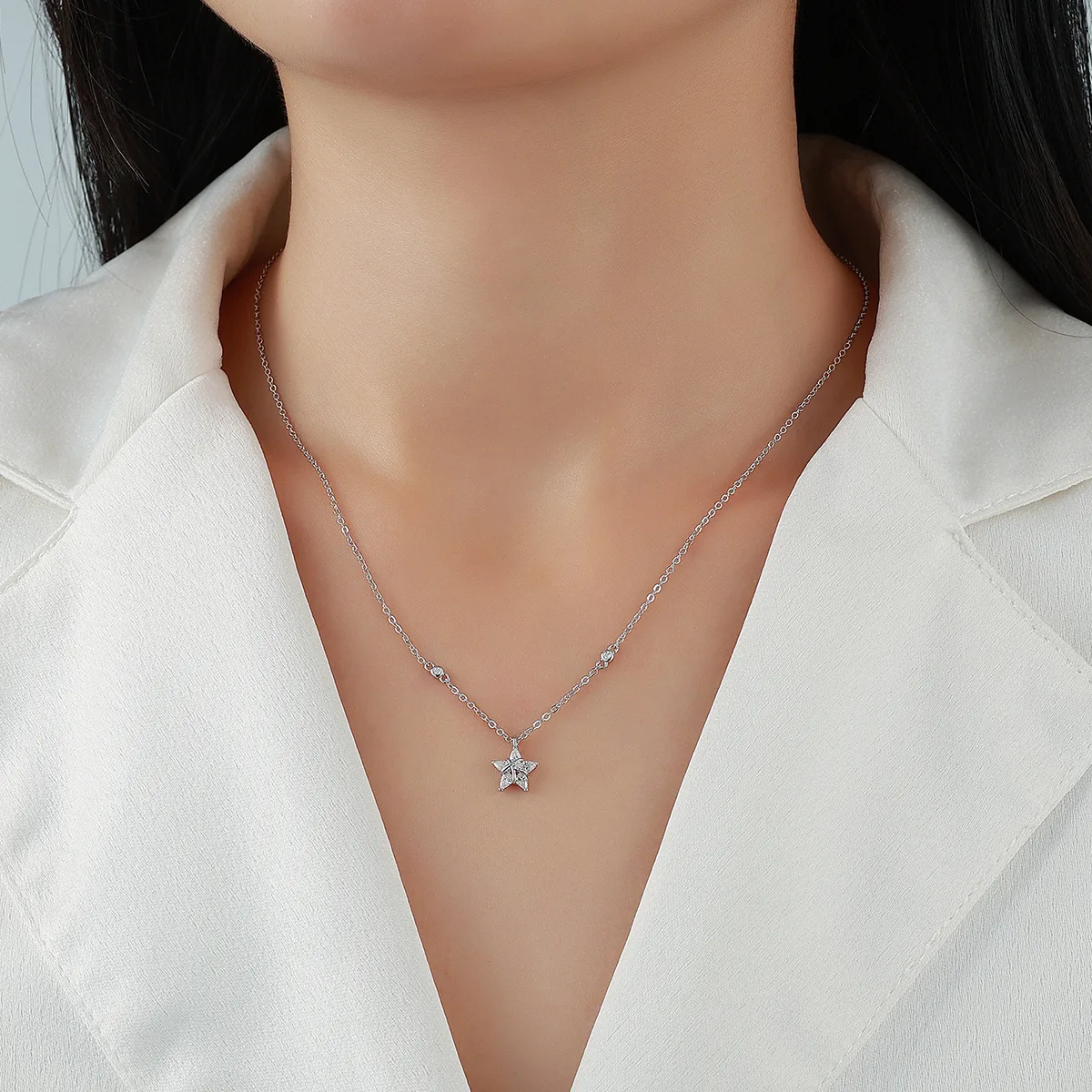 N52615-BMC Silver 18K White Gold Pear Moissanite Star Necklace 0.75ct