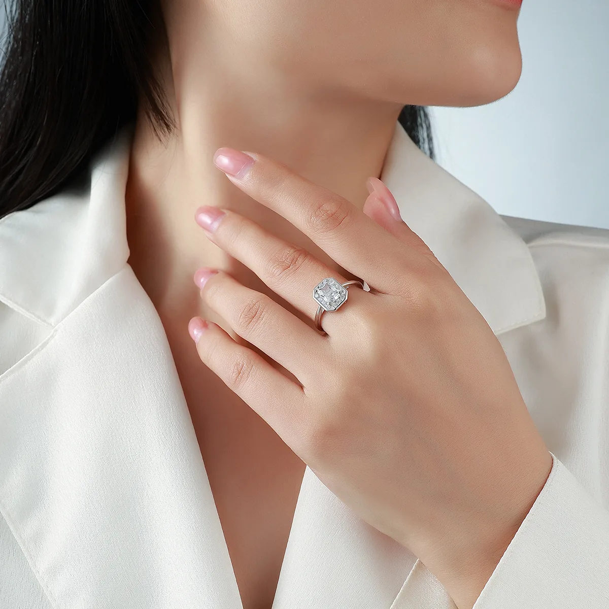 R52536-BMC Silver 18K White Gold Radiant Moissanite Light Luxury Confession Ring Women's Ring 1.3ct