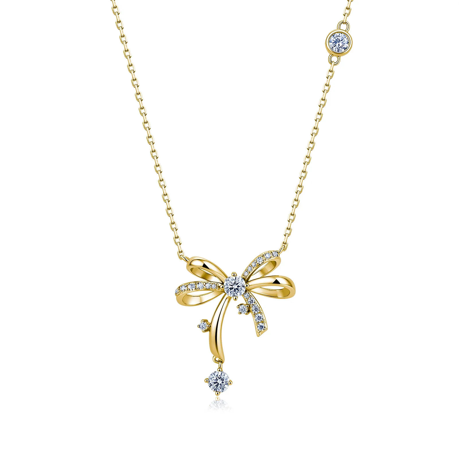 SP0566101 S925 Silver 18K Gold Moissanite Sparkling Bow Necklace 0.8ct