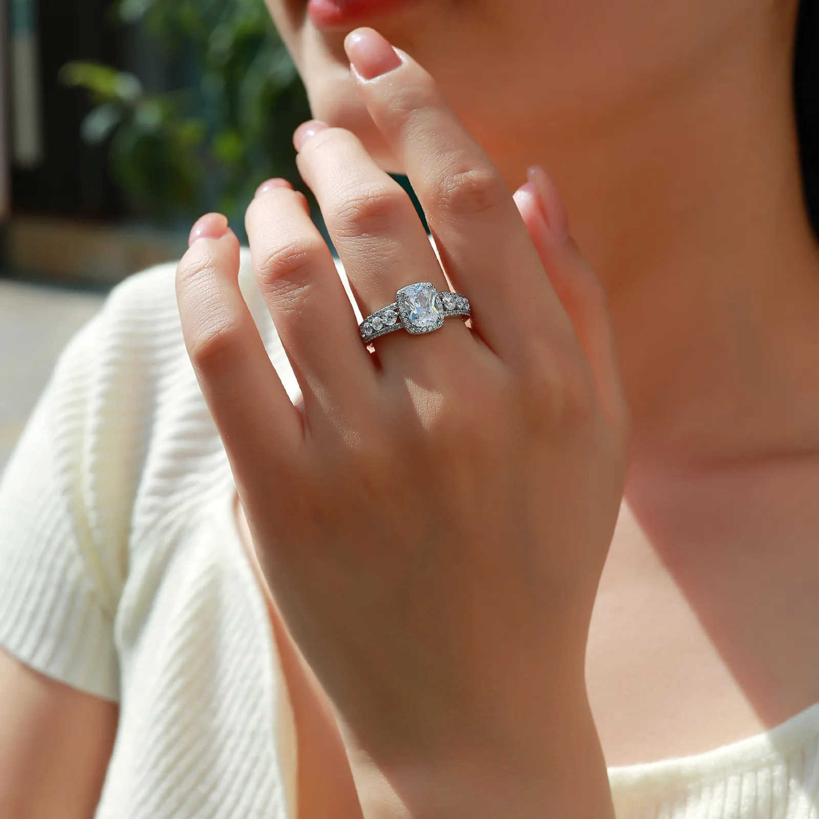 SR0220102 S925 Silver 18K Gold Rectangle Cushion Moissanite Luxury Engagement Ring Women's Ring 2.8ct