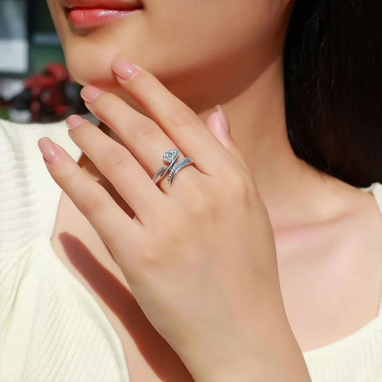 SR0490914 S925 Silver 18K Gold Pear Moissanite Light Luxury Confession Ring Women's Ring 1.0ct