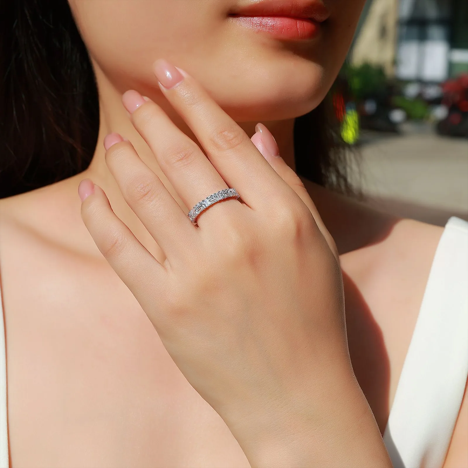 A43-BR0202603 S925 Silver 18K Gold Rectangle Moissanite Light Luxury Band Ring Confession Ring 1.0ct