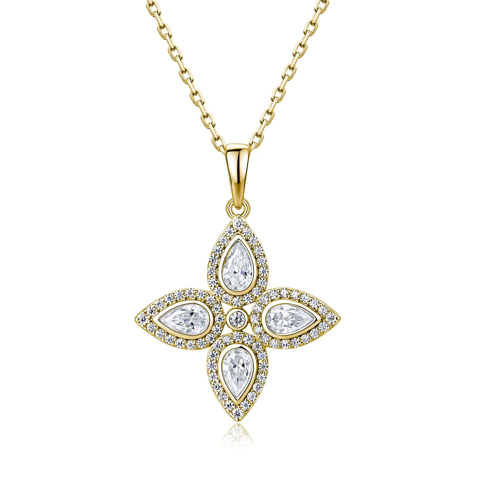 SN0258203 S925 Silver 18K Gold Pear Moissanite Classic Four-Leaf Flower Necklace 0.74ct