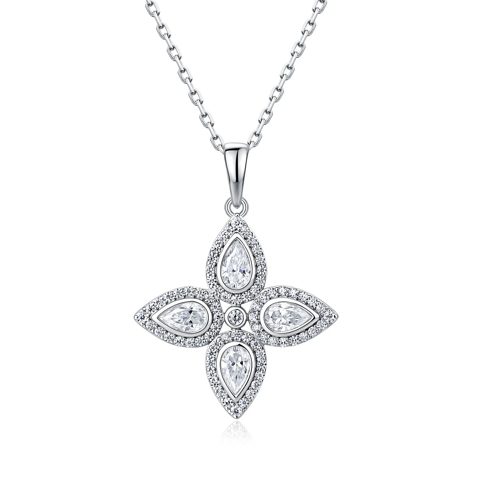 SN0258203 S925 Silver 18K Gold Pear Moissanite Classic Four-Leaf Flower Necklace 0.74ct