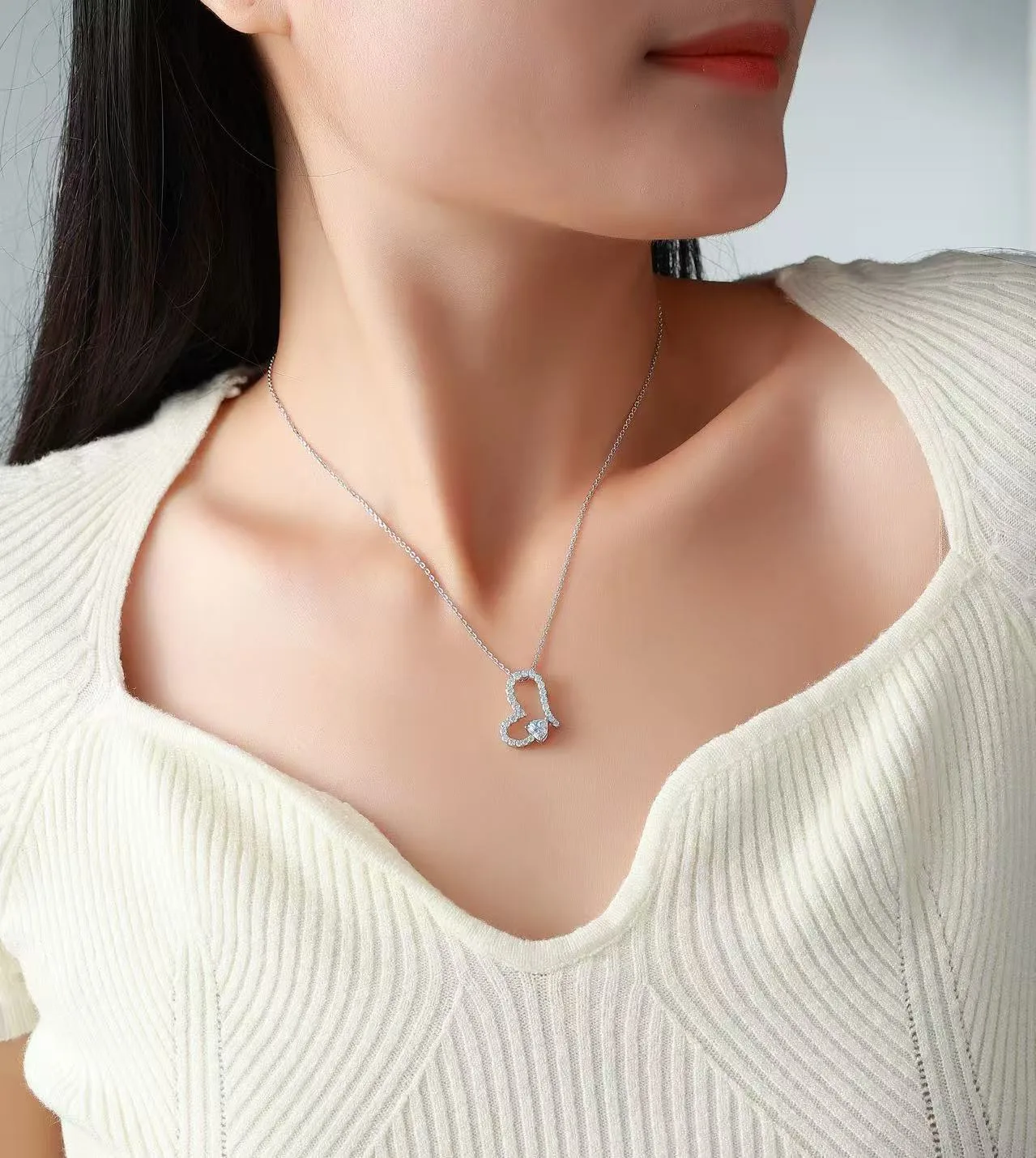 SN0242303 S925 Silver 18K Gold Heart Moissanite Light Luxury Necklace 1.1ct