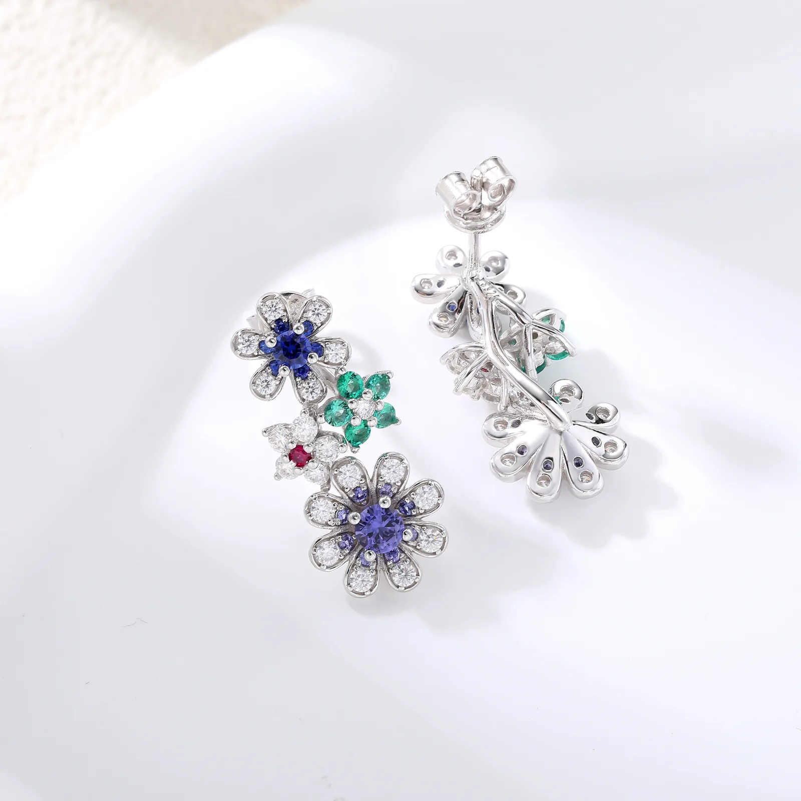 ECB5212 S925 Silver 18K White Gold Lab-Grown Gemstone Multi Small Flower Moissanite Earrings