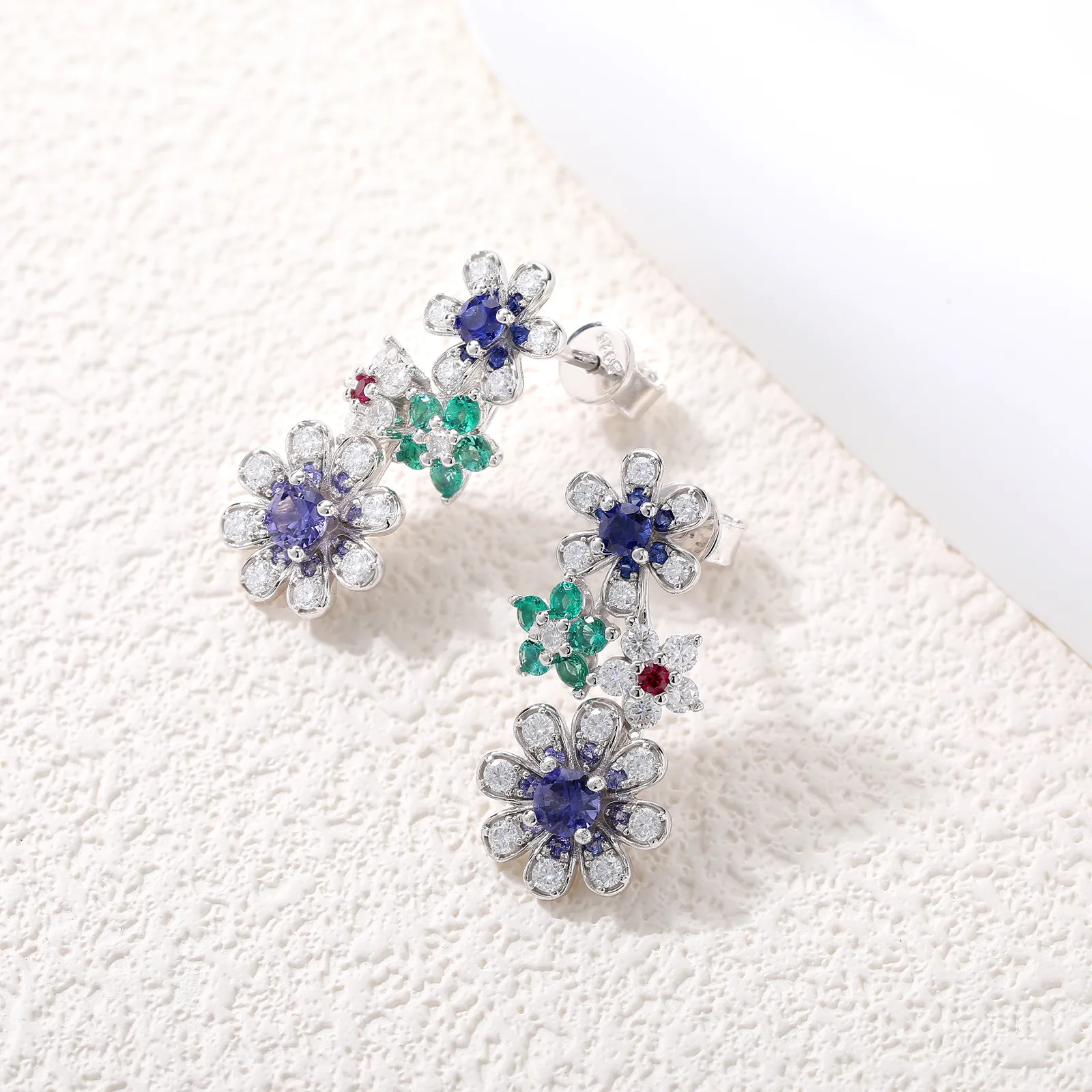 ECB5212 S925 Silver 18K White Gold Lab-Grown Gemstone Multi Small Flower Moissanite Earrings