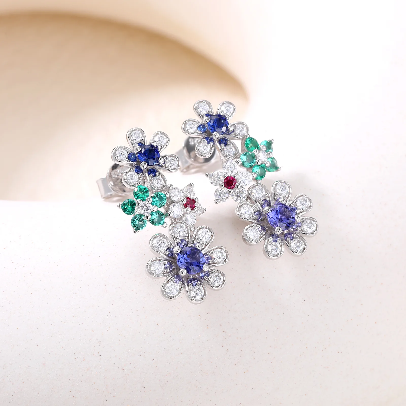 ECB5212 S925 Silver 18K White Gold Lab-Grown Gemstone Multi Small Flower Moissanite Earrings