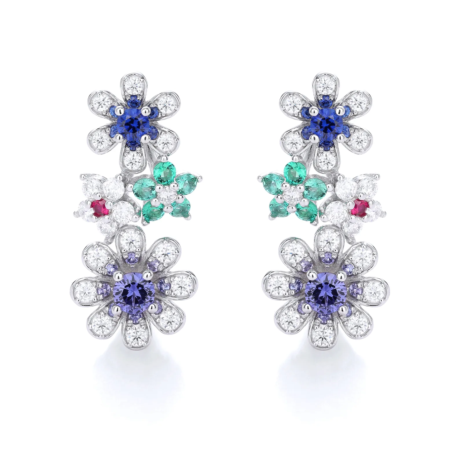 ECB5212 S925 Silver 18K White Gold Lab-Grown Gemstone Multi Small Flower Moissanite Earrings