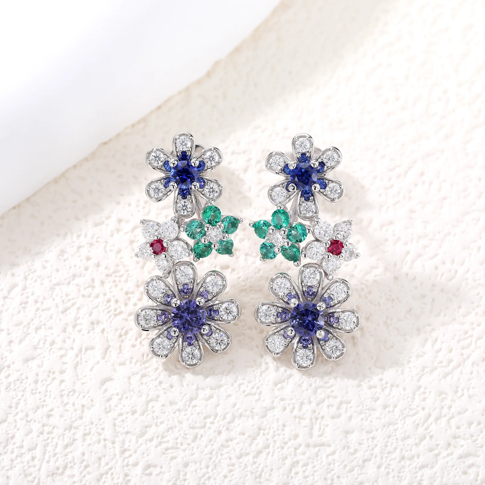 ECB5212 S925 Silver 18K White Gold Lab-Grown Gemstone Multi Small Flower Moissanite Earrings