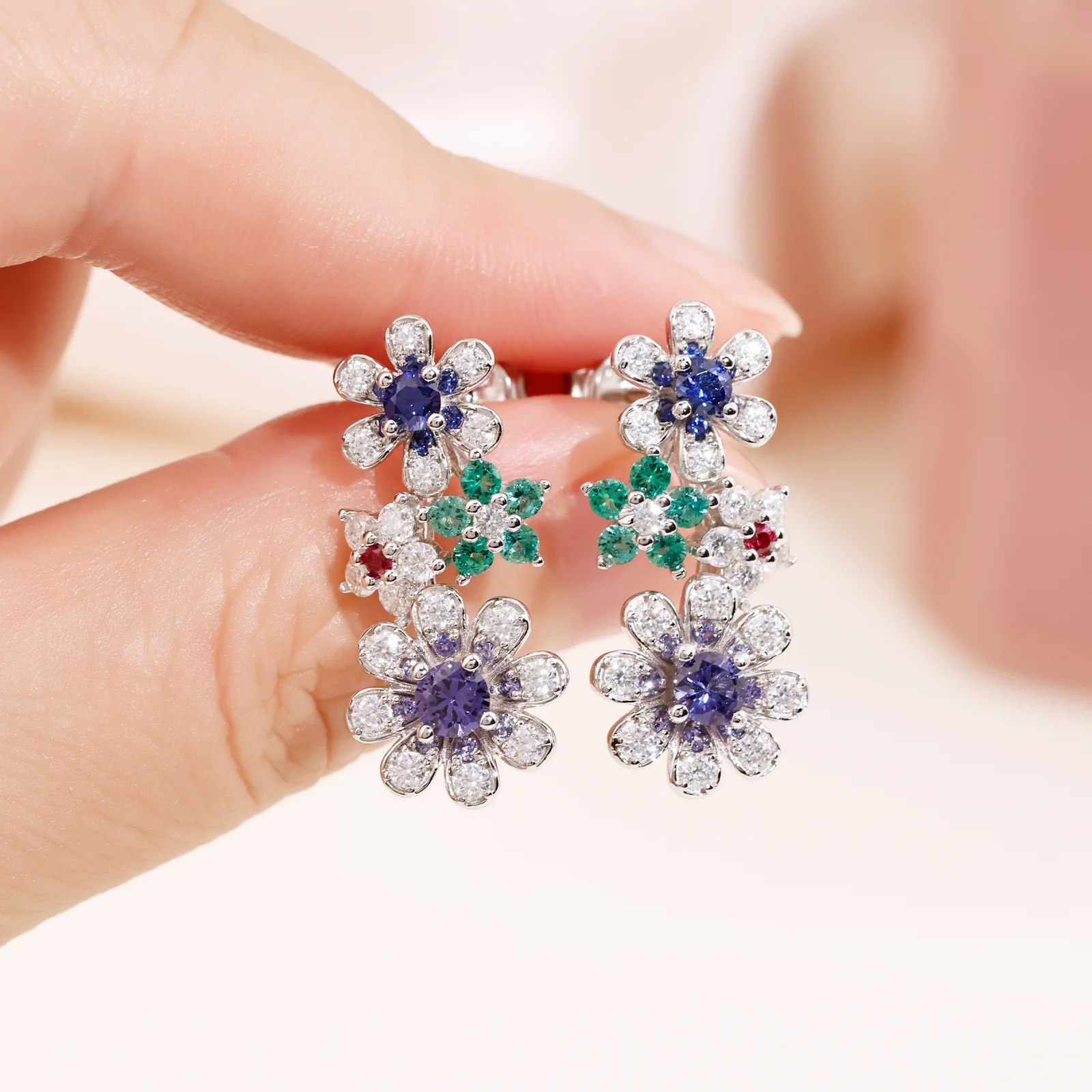 ECB5212 S925 Silver 18K White Gold Lab-Grown Gemstone Multi Small Flower Moissanite Earrings