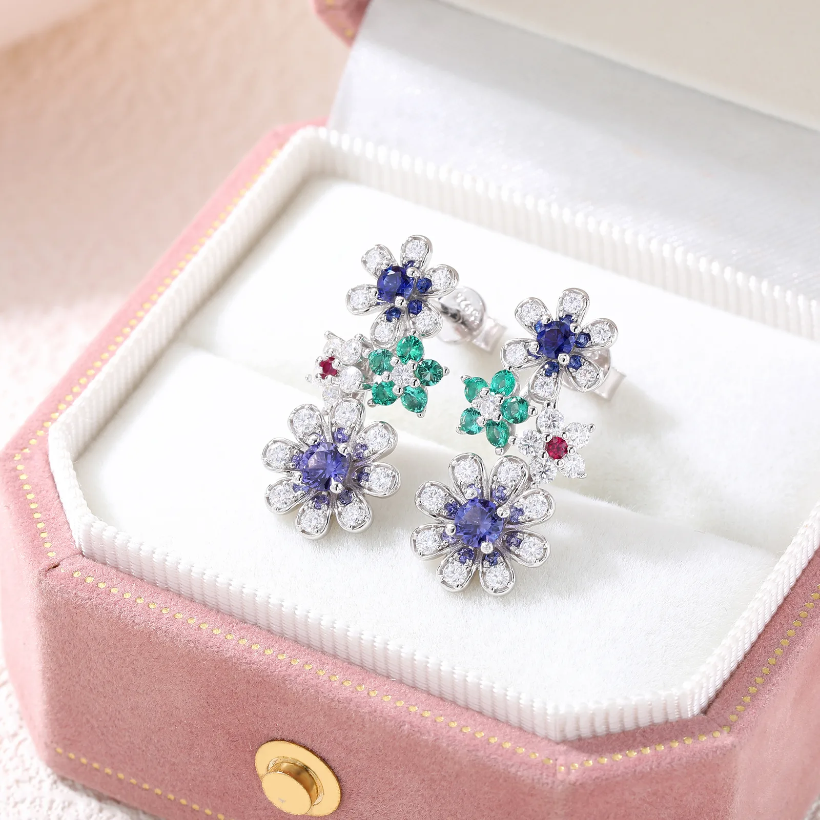 ECB5212 S925 Silver 18K White Gold Lab-Grown Gemstone Multi Small Flower Moissanite Earrings
