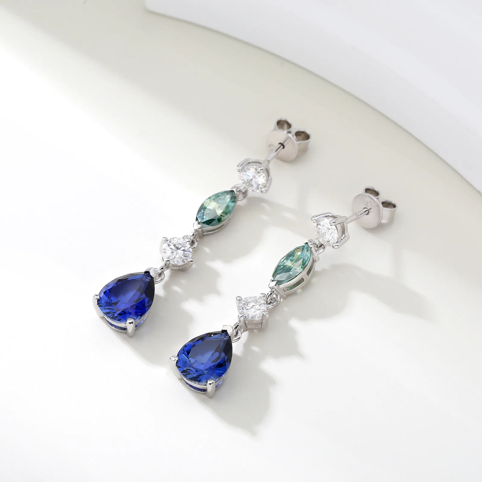 ECB0004 Silver 18K White Gold Lab-Grown Sapphire Tassel Moissanite Earrings Center Stone 9*7mm/1.5ct*2
