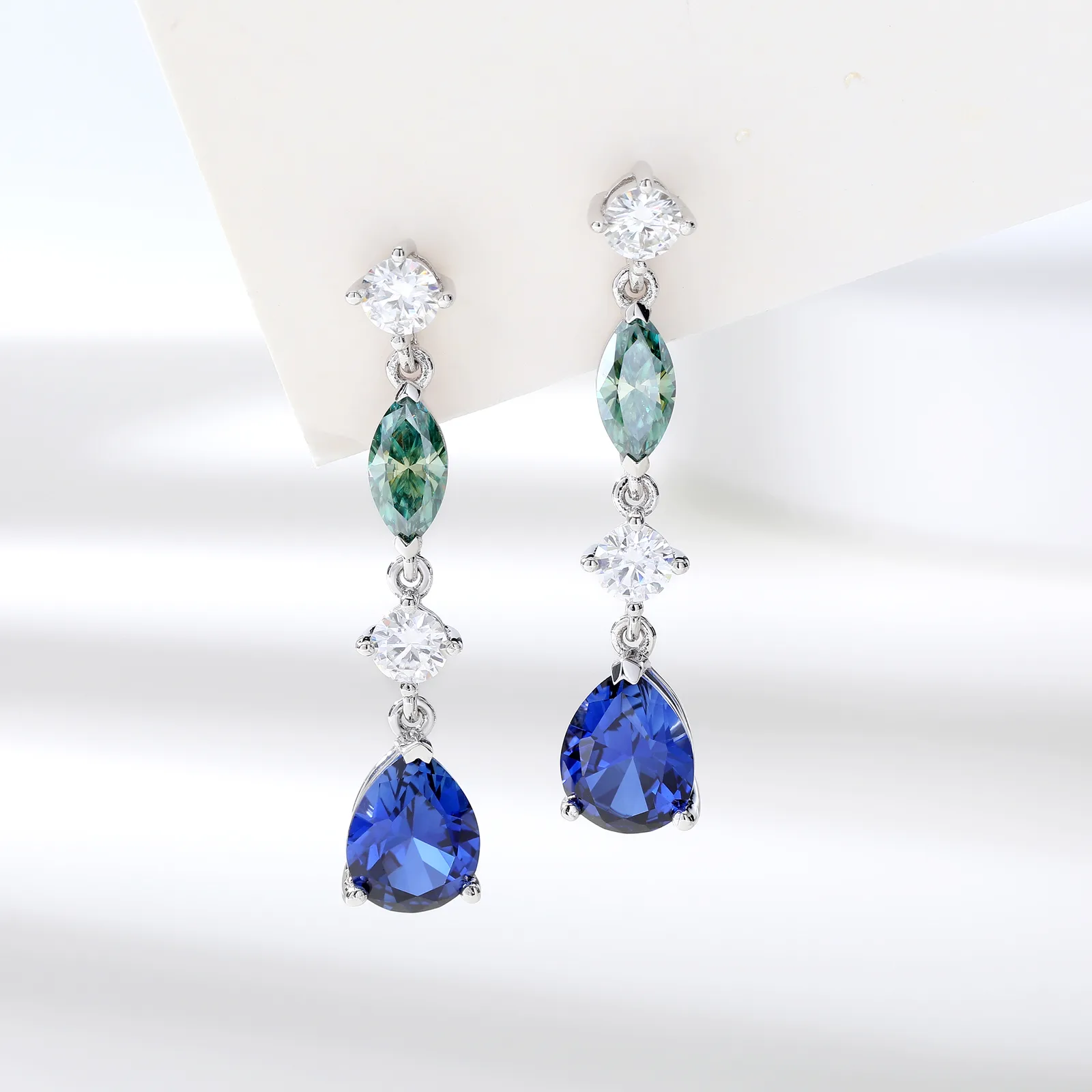 ECB0004 Silver 18K White Gold Lab-Grown Sapphire Tassel Moissanite Earrings Center Stone 9*7mm/1.5ct*2