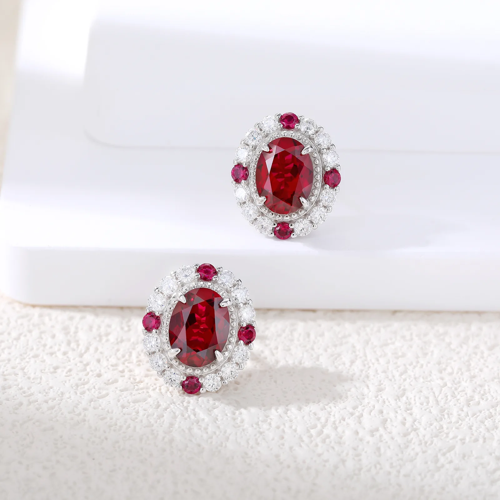 ECB7002 Silver 18K White Gold Oval Lab-Grown Ruby Baroque Earrings 8*6mm/1.5ct*2 Stones