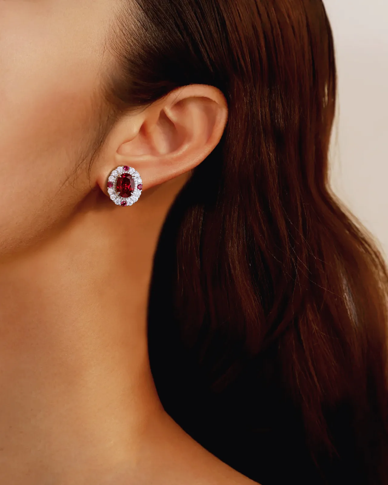 ECB7002 Silver 18K White Gold Oval Lab-Grown Ruby Baroque Earrings 8*6mm/1.5ct*2 Stones