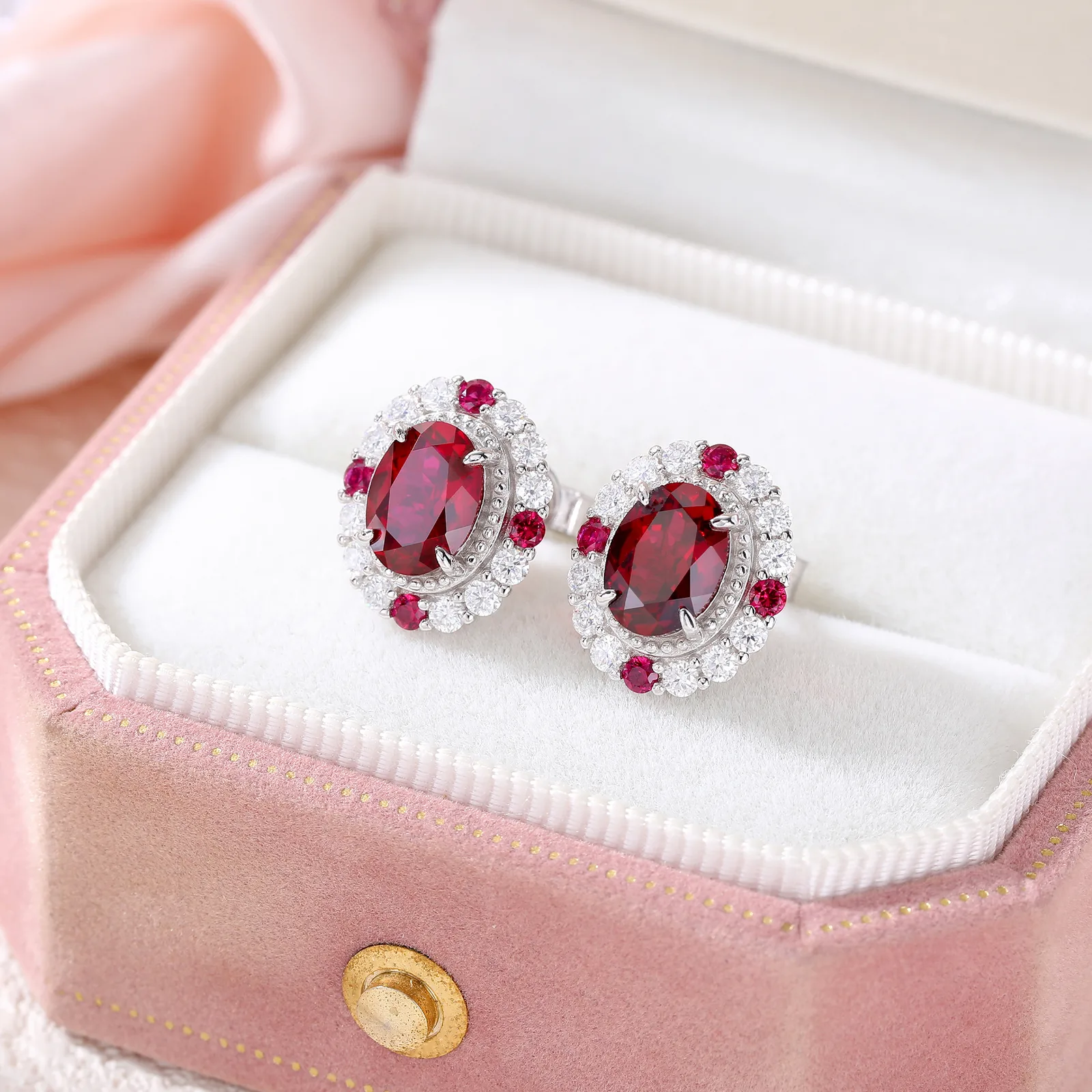ECB7002 Silver 18K White Gold Oval Lab-Grown Ruby Baroque Earrings 8*6mm/1.5ct*2 Stones