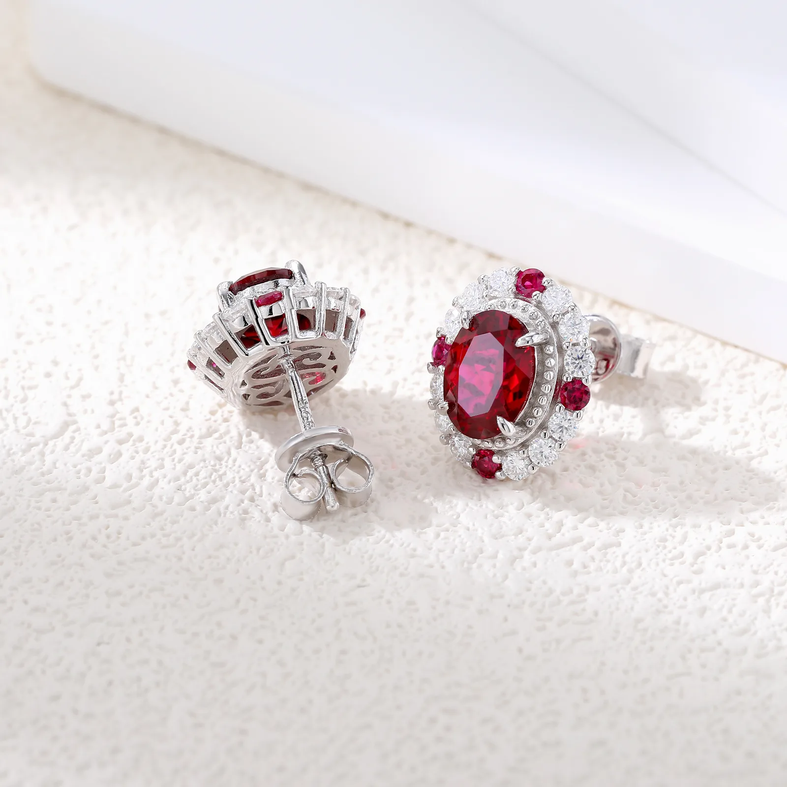 ECB7002 Silver 18K White Gold Oval Lab-Grown Ruby Baroque Earrings 8*6mm/1.5ct*2 Stones