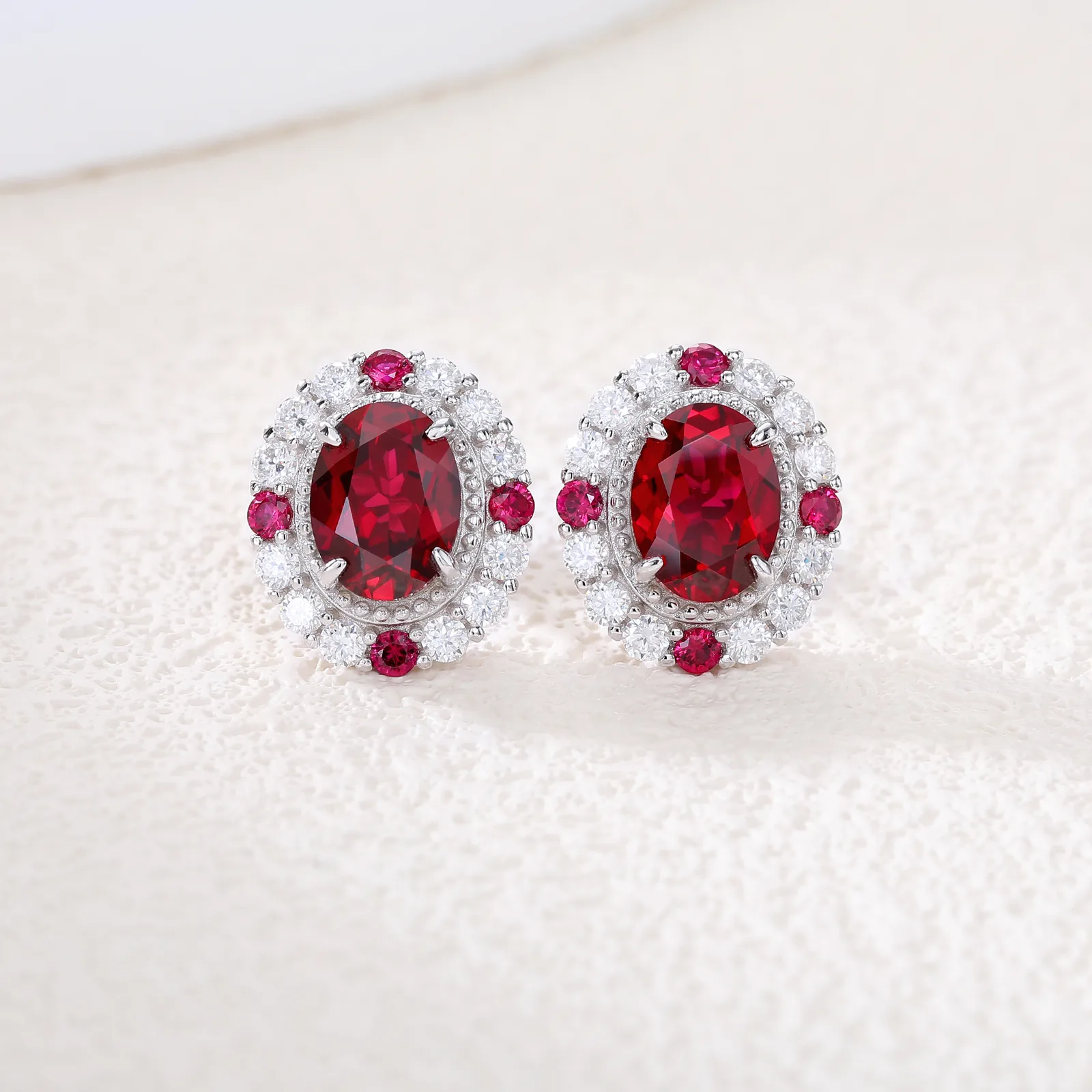 ECB7002 Silver 18K White Gold Oval Lab-Grown Ruby Baroque Earrings 8*6mm/1.5ct*2 Stones