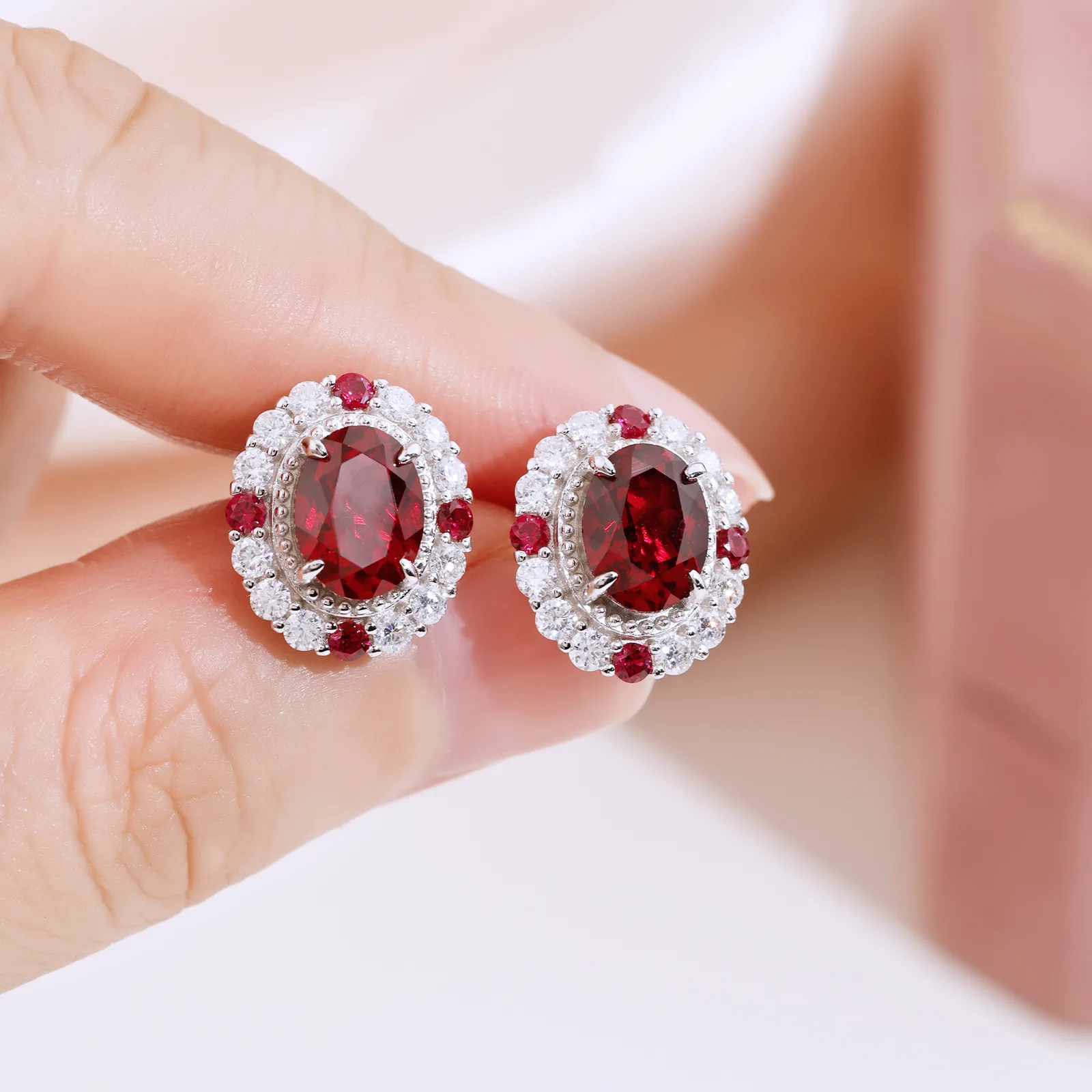 ECB7002 Silver 18K White Gold Oval Lab-Grown Ruby Baroque Earrings 8*6mm/1.5ct*2 Stones