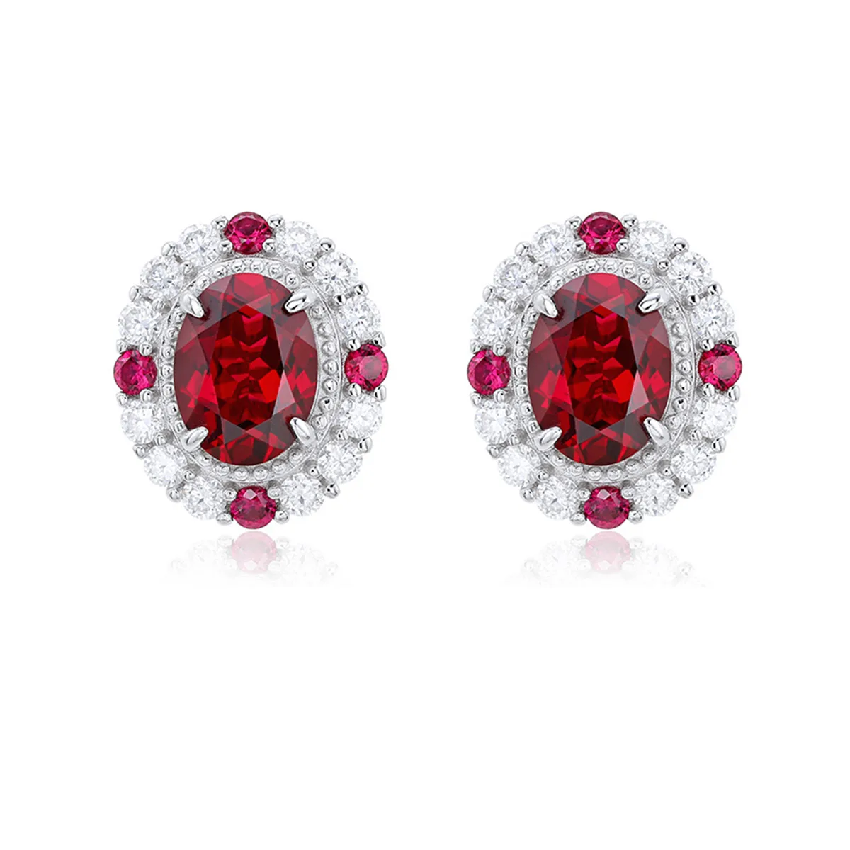 ECB7002 Silver 18K White Gold Oval Lab-Grown Ruby Baroque Earrings 8*6mm/1.5ct*2 Stones