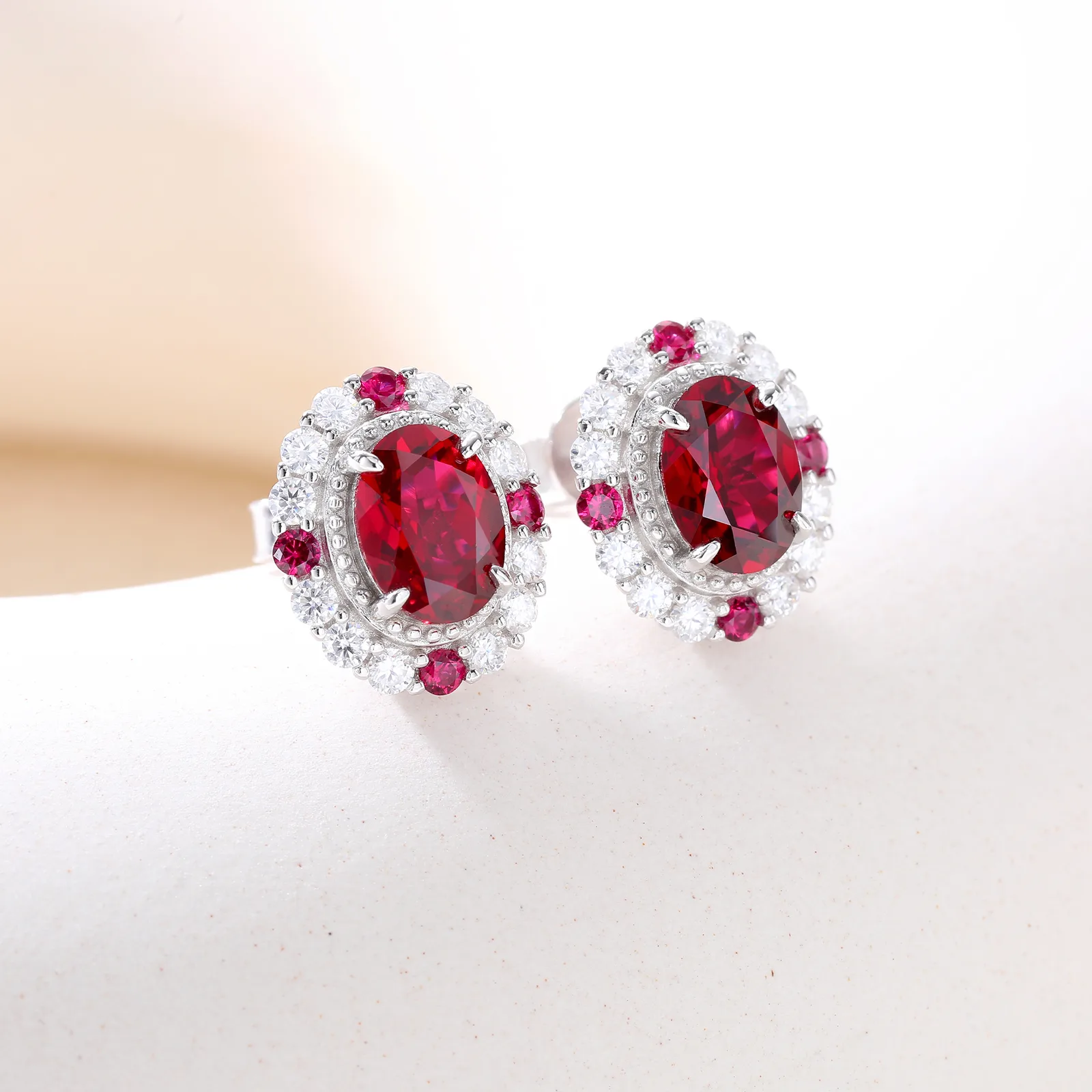 ECB7002 Silver 18K White Gold Oval Lab-Grown Ruby Baroque Earrings 8*6mm/1.5ct*2 Stones