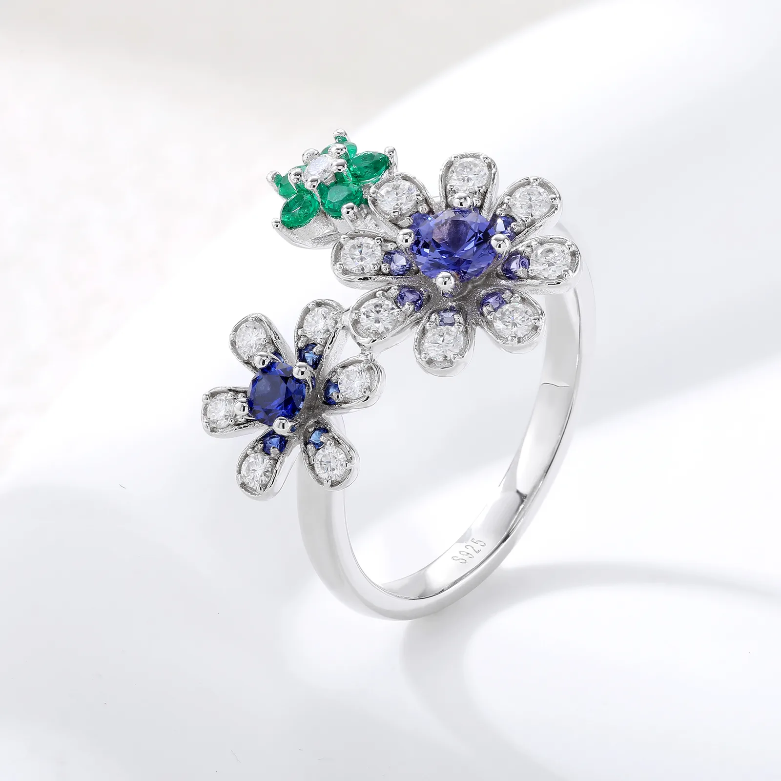 RCB5240 S925 Silver 18K White Gold Lab-Grown Gemstone Multi Flower Moissanite Anniversary Ring