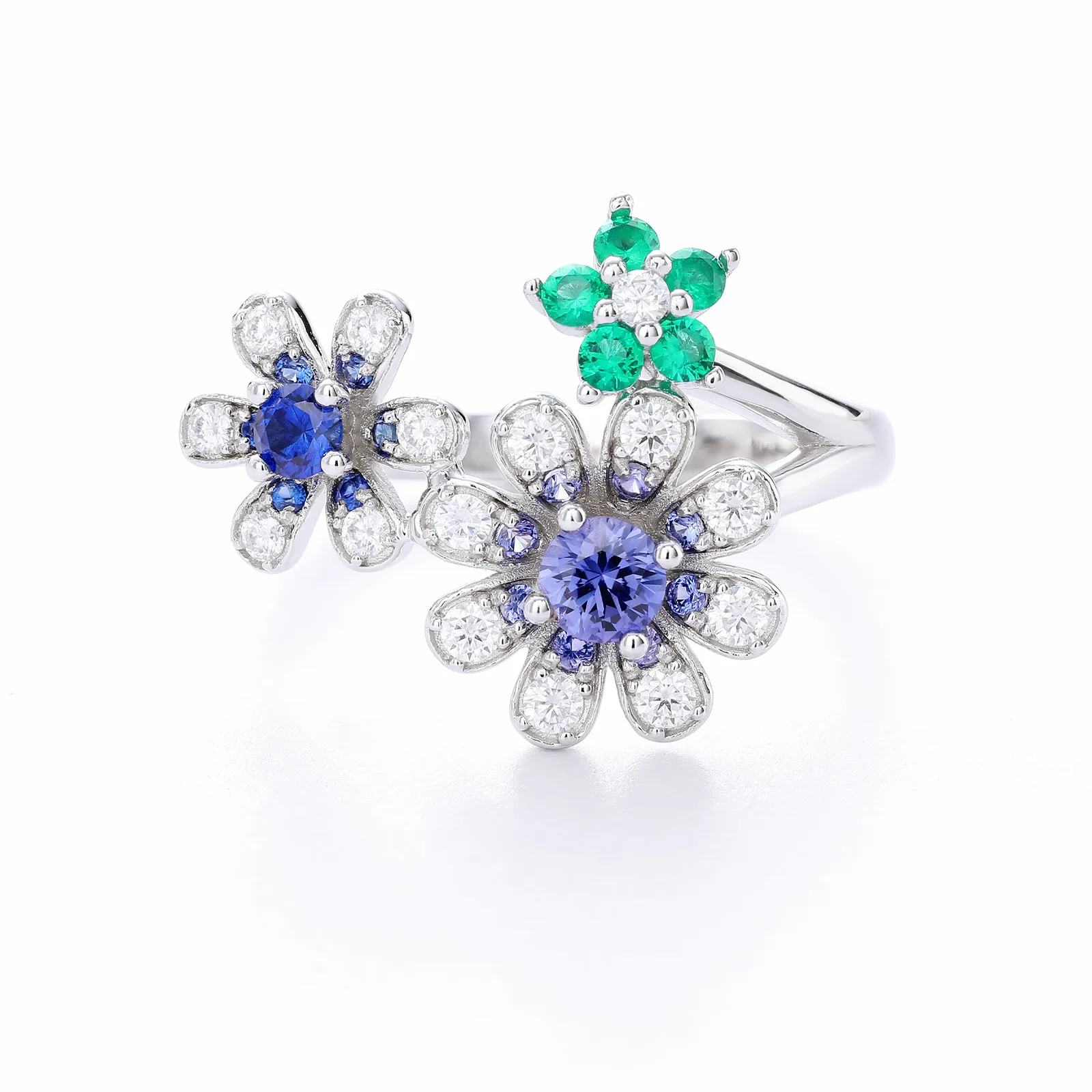RCB5240 S925 Silver 18K White Gold Lab-Grown Gemstone Multi Flower Moissanite Anniversary Ring
