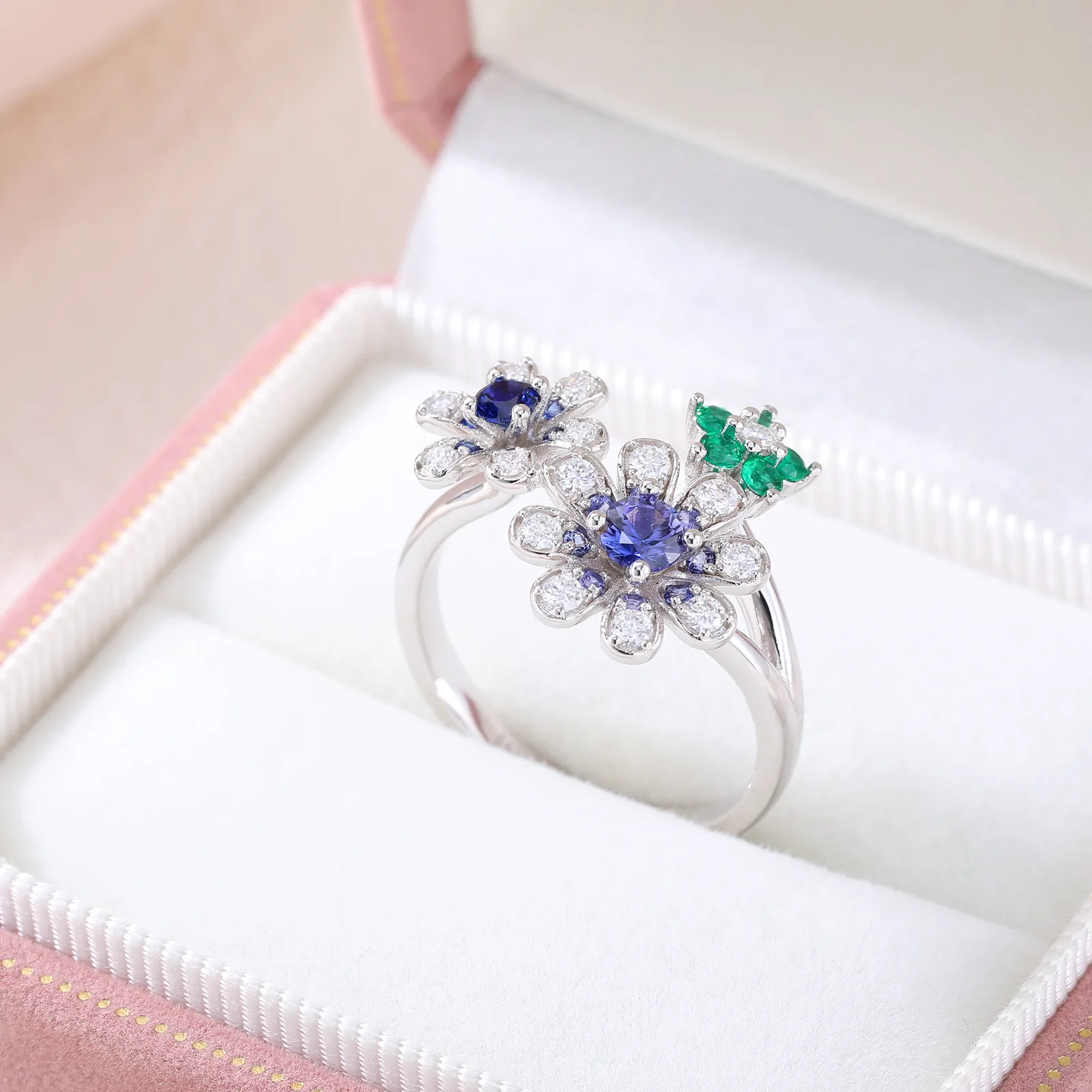 RCB5240 S925 Silver 18K White Gold Lab-Grown Gemstone Multi Flower Moissanite Anniversary Ring