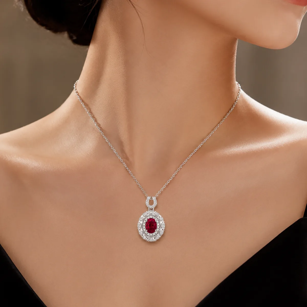 LCB0219 Silver 18K White Gold Oval Lab-Grown Gemstone Moissanite Necklace Center Stone 7*5mm/1.0ct