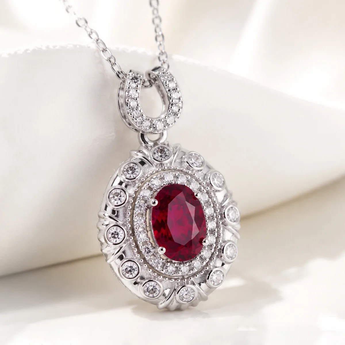 LCB0219 Silver 18K White Gold Oval Lab-Grown Gemstone Moissanite Necklace Center Stone 7*5mm/1.0ct