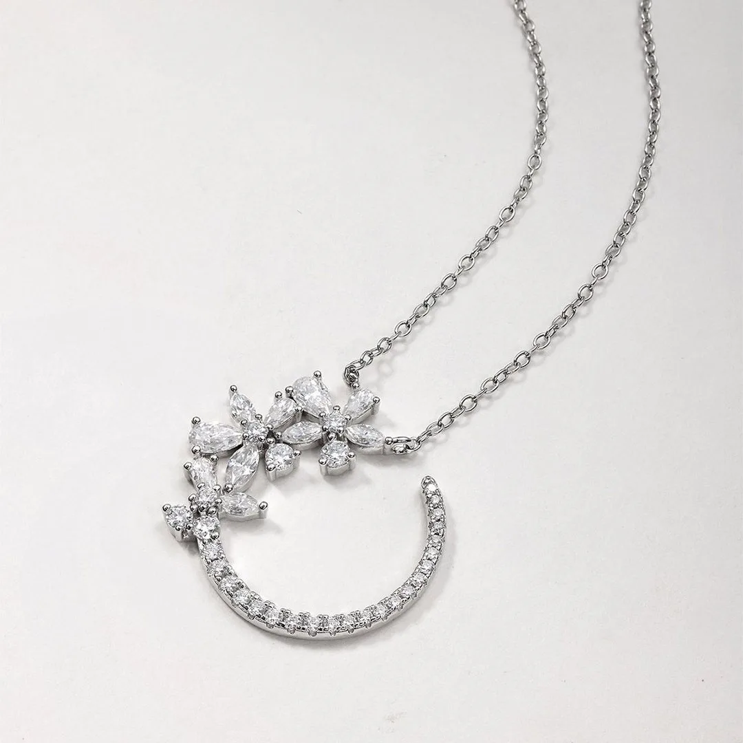 MP0110 S925 Silver 18K White Gold Moissanite Star Flower Necklace 2.37ct