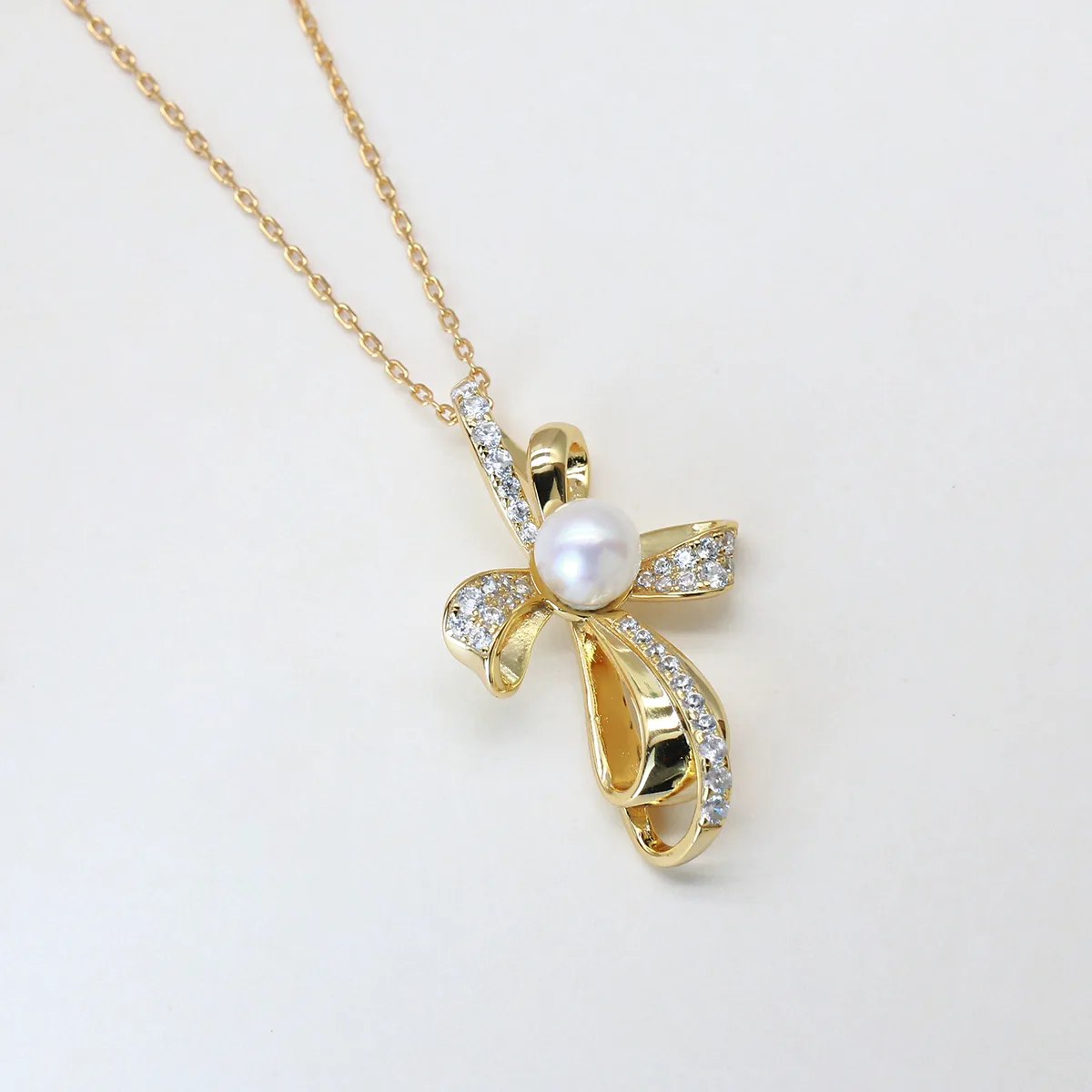 CP003733 S925 Silver 18K Gold Freshwater Pearl Cross Necklace/ Pearl 7.0mm