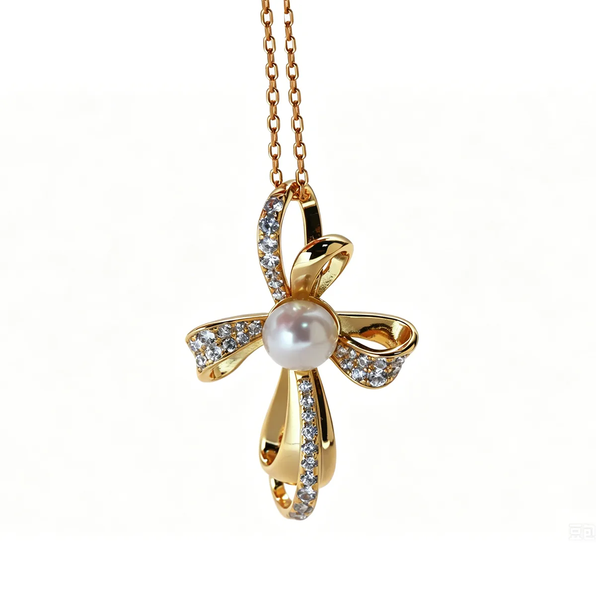CP003733 S925 Silver 18K Gold Freshwater Pearl Cross Necklace/ Pearl 7.0mm