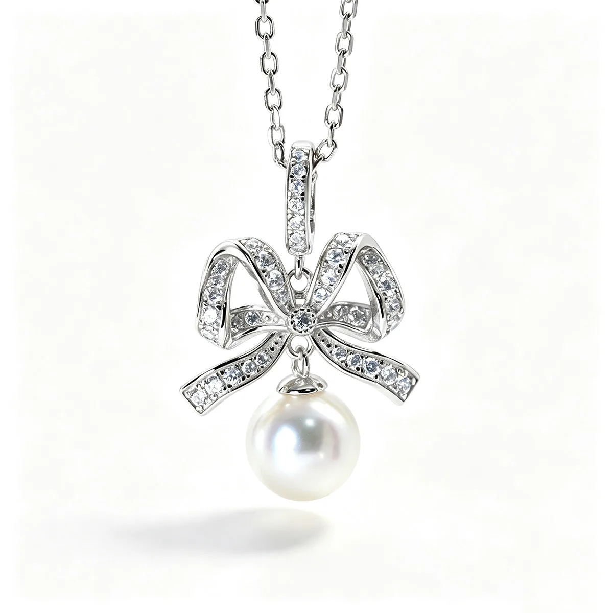 CP003608 S925 Silver 18K Gold Freshwater Pearl Romantic Bow Necklace/ Pearl 8.0mm