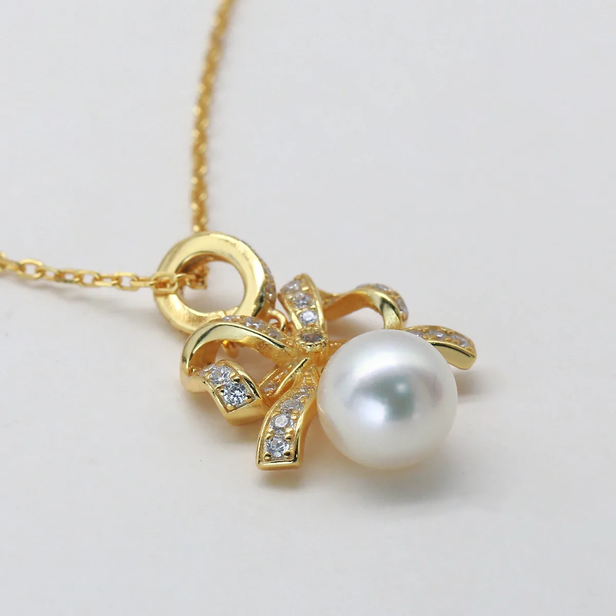 CP003608 S925 Silver 18K Gold Freshwater Pearl Romantic Bow Necklace/ Pearl 8.0mm